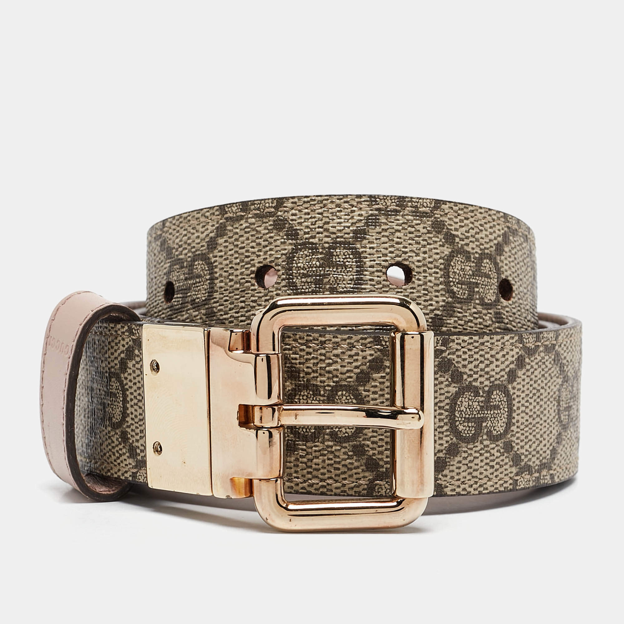 Gucci Pink/Beige GG Supreme Canvas and Leather Buckle Reversible Belt