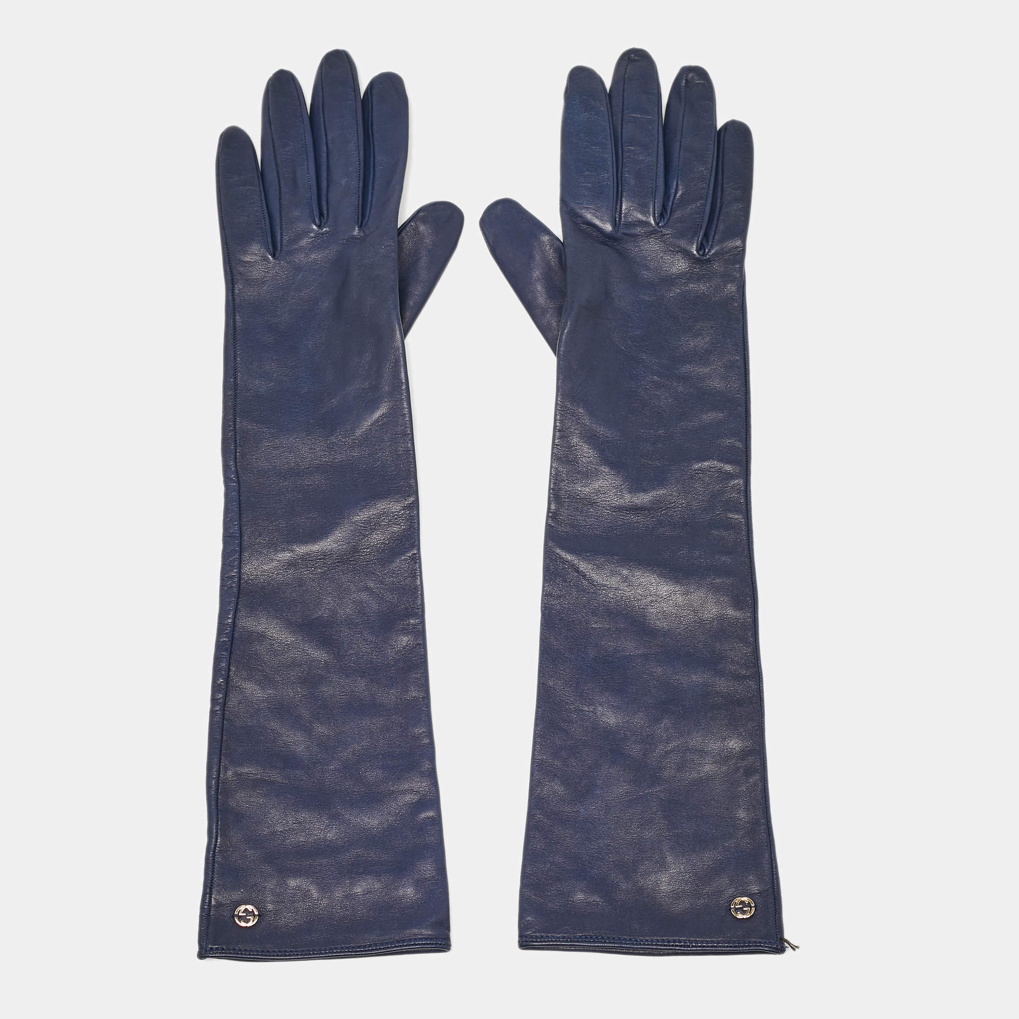 Pre Owned Gucci Navy Blue Leather Interlocking G Long Gloves Size 6.5