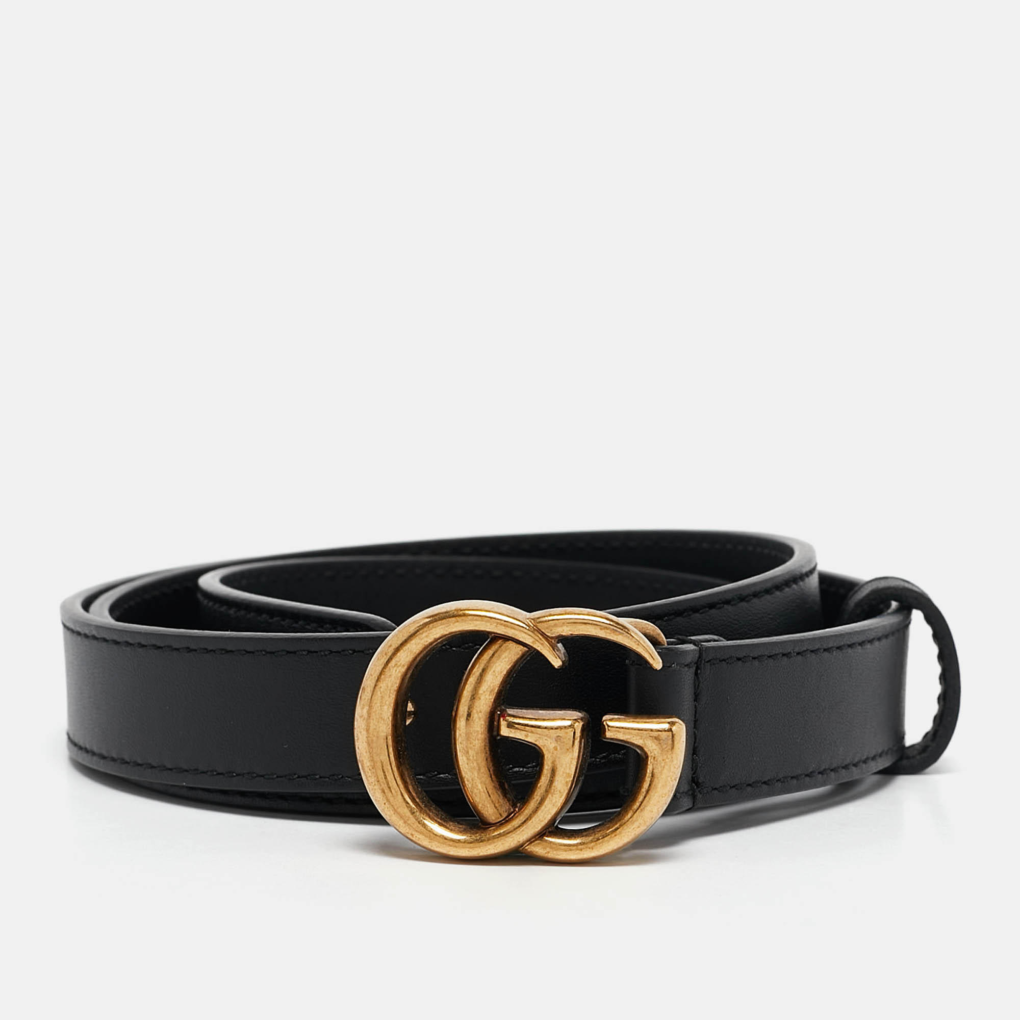 Pre Owned Gucci Black Leather GG Marmont Slim Belt 80 CM