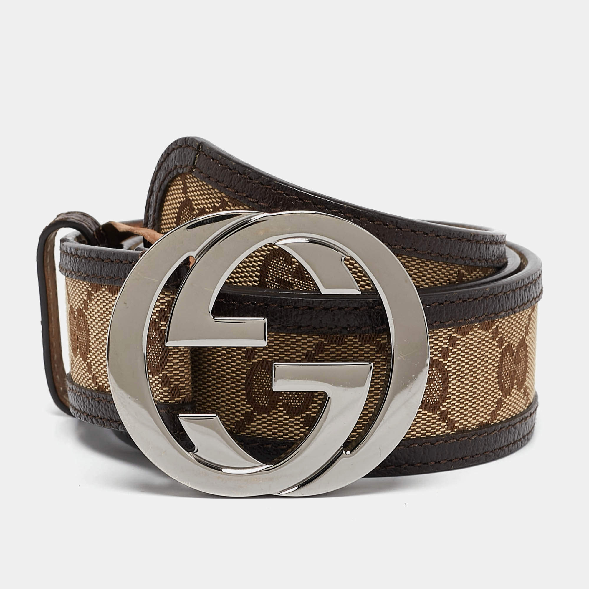 Pre Owned Gucci Beige/Brown GG Canvas and Leather Interlocking G Buckle Belt 80 CM