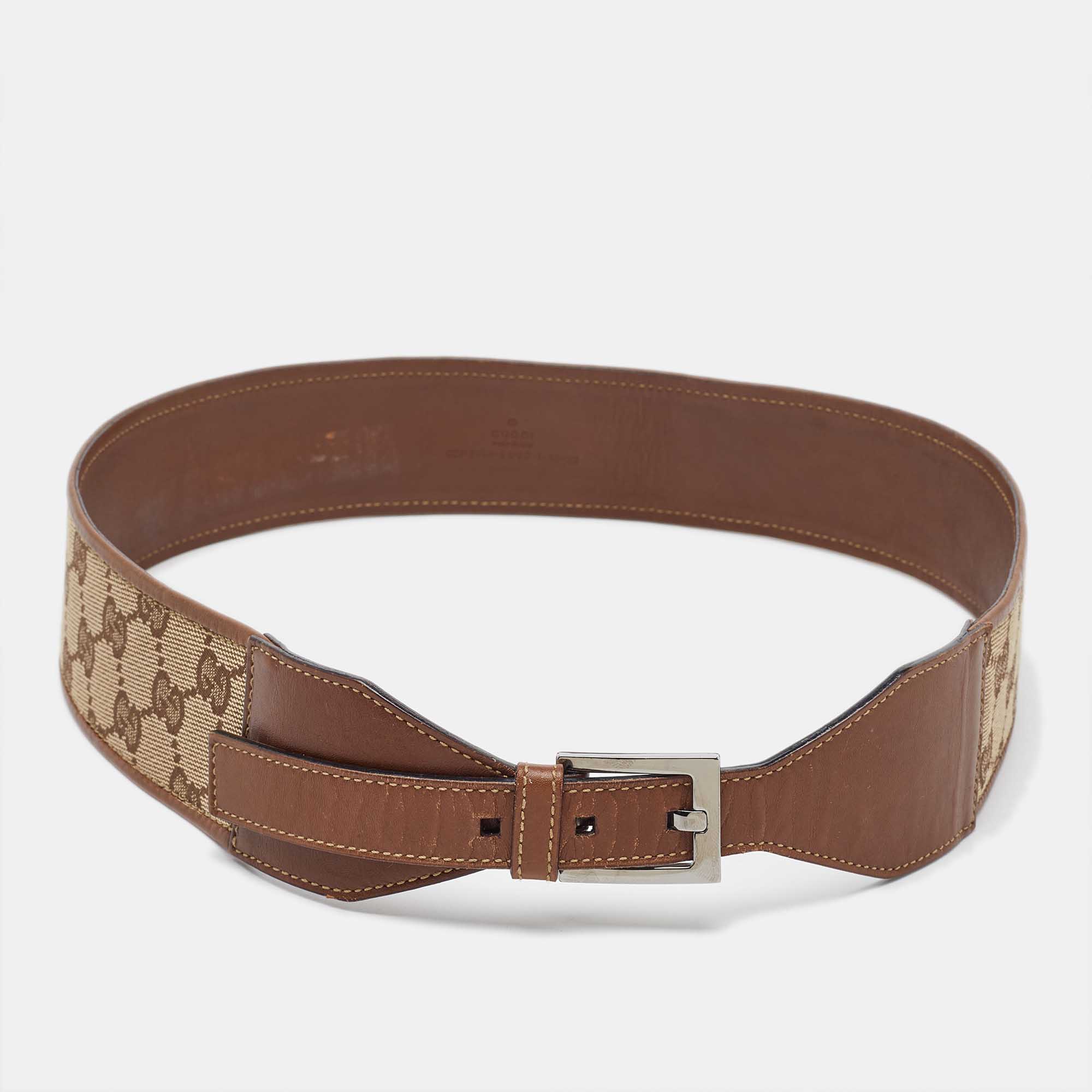 Pre Owned Gucci Brown GG Canvas and Leather Buckle Wide Waist Belt 80CM