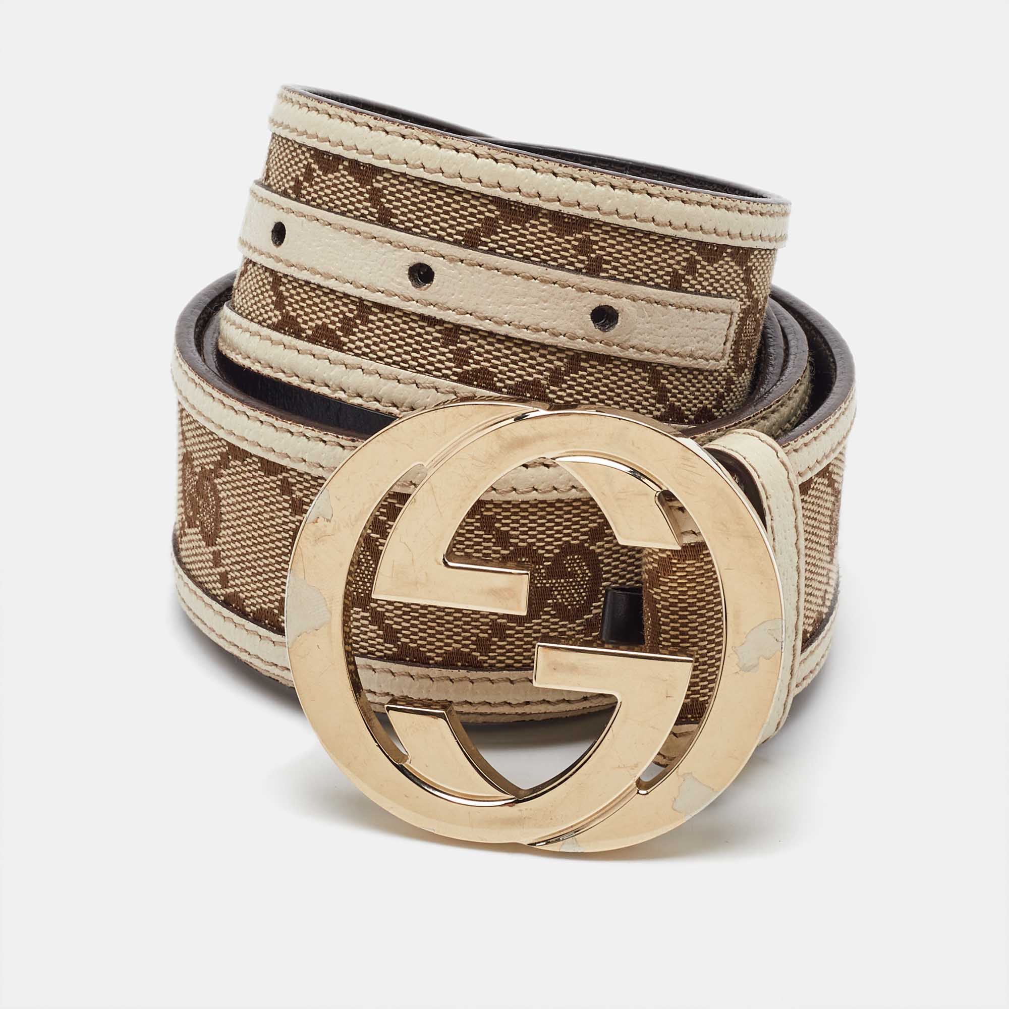 Pre Owned Gucci Beige GG Canvas and Leather Interlocking G Buckle Belt 95CM