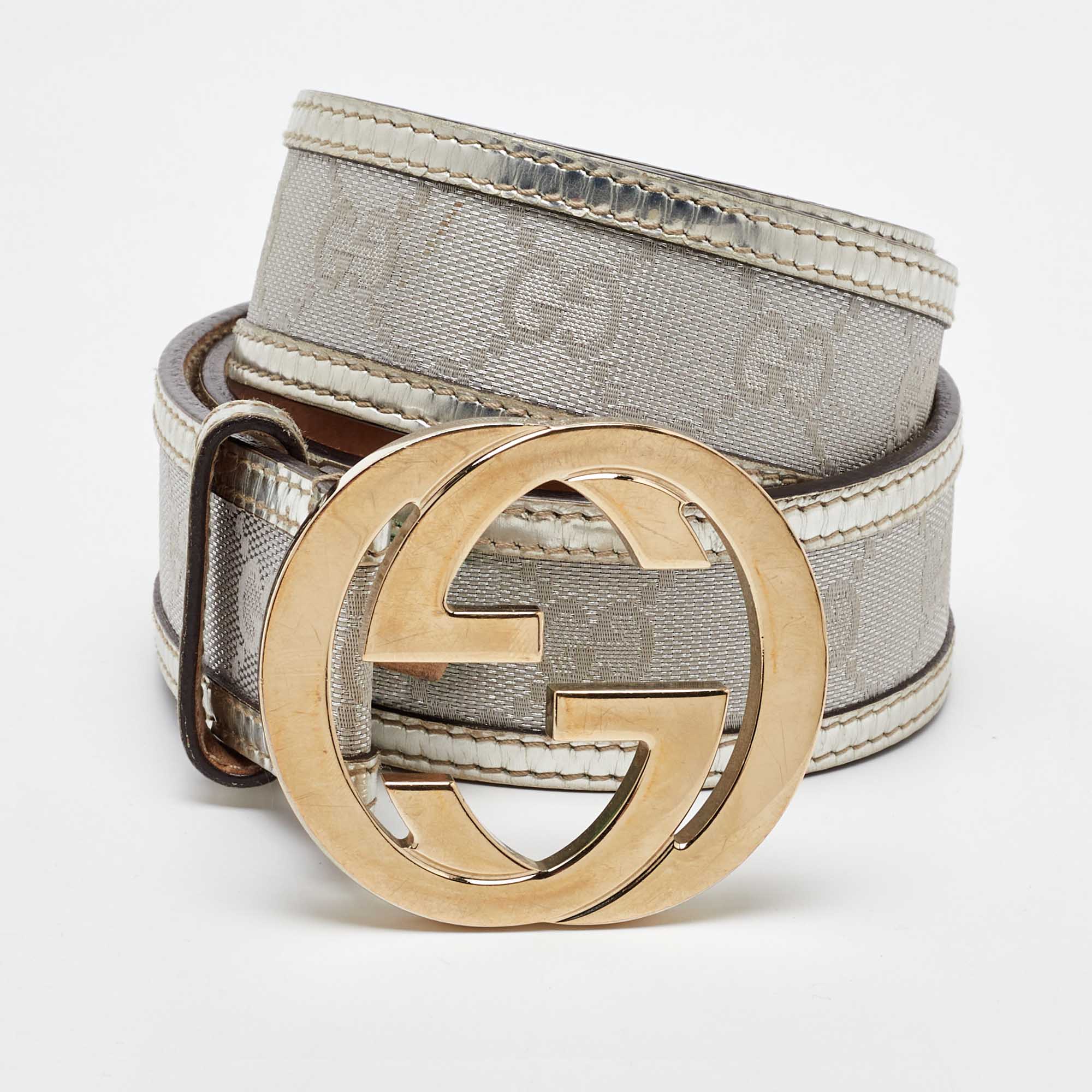 Pre Owned Gucci Metallic GG Canvas and Leather Interlocking G Buckle Belt 85CM