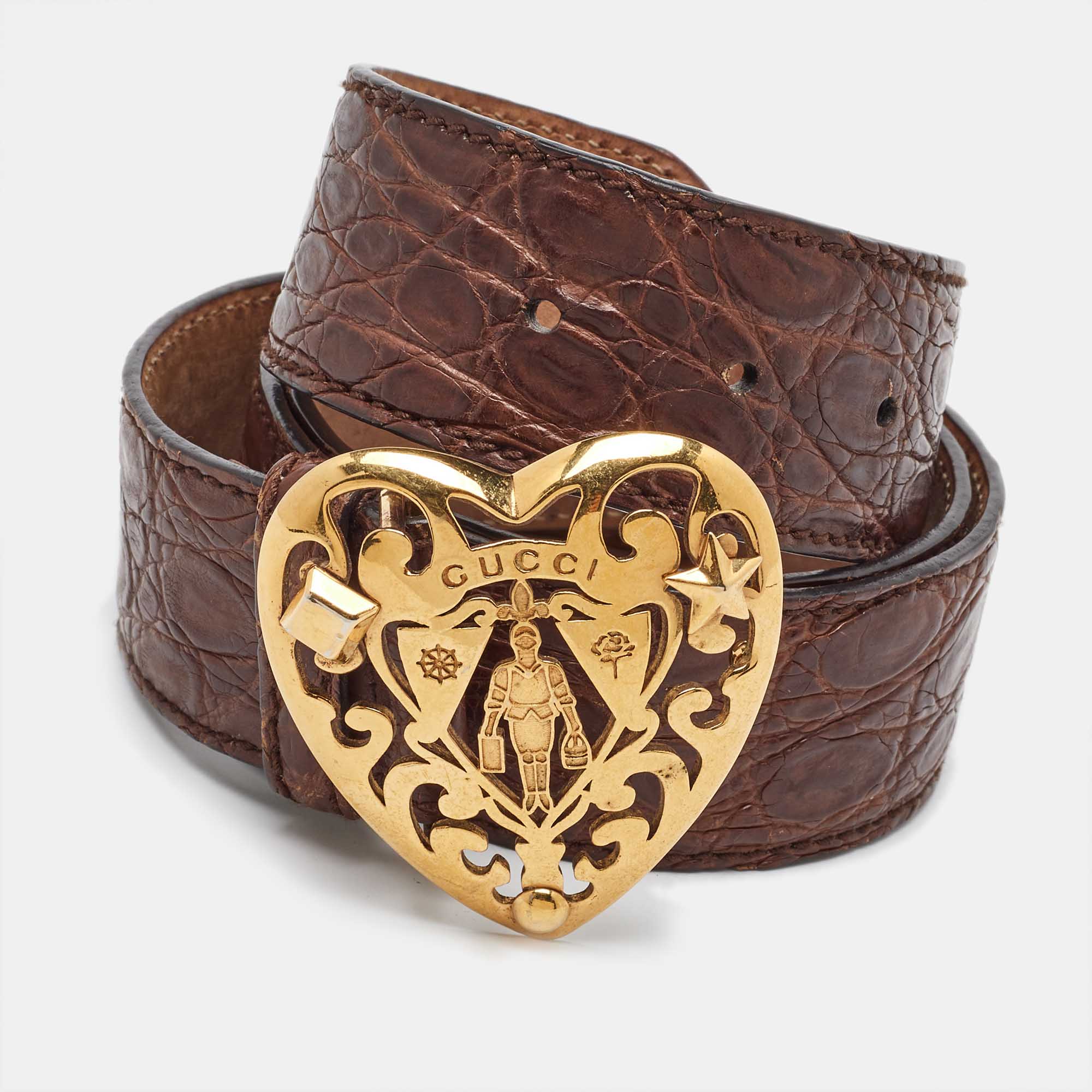 مملوكة مسبقًا Gucci Dark Brown Crocodile Leather Crest Buckle Belt 90CM
