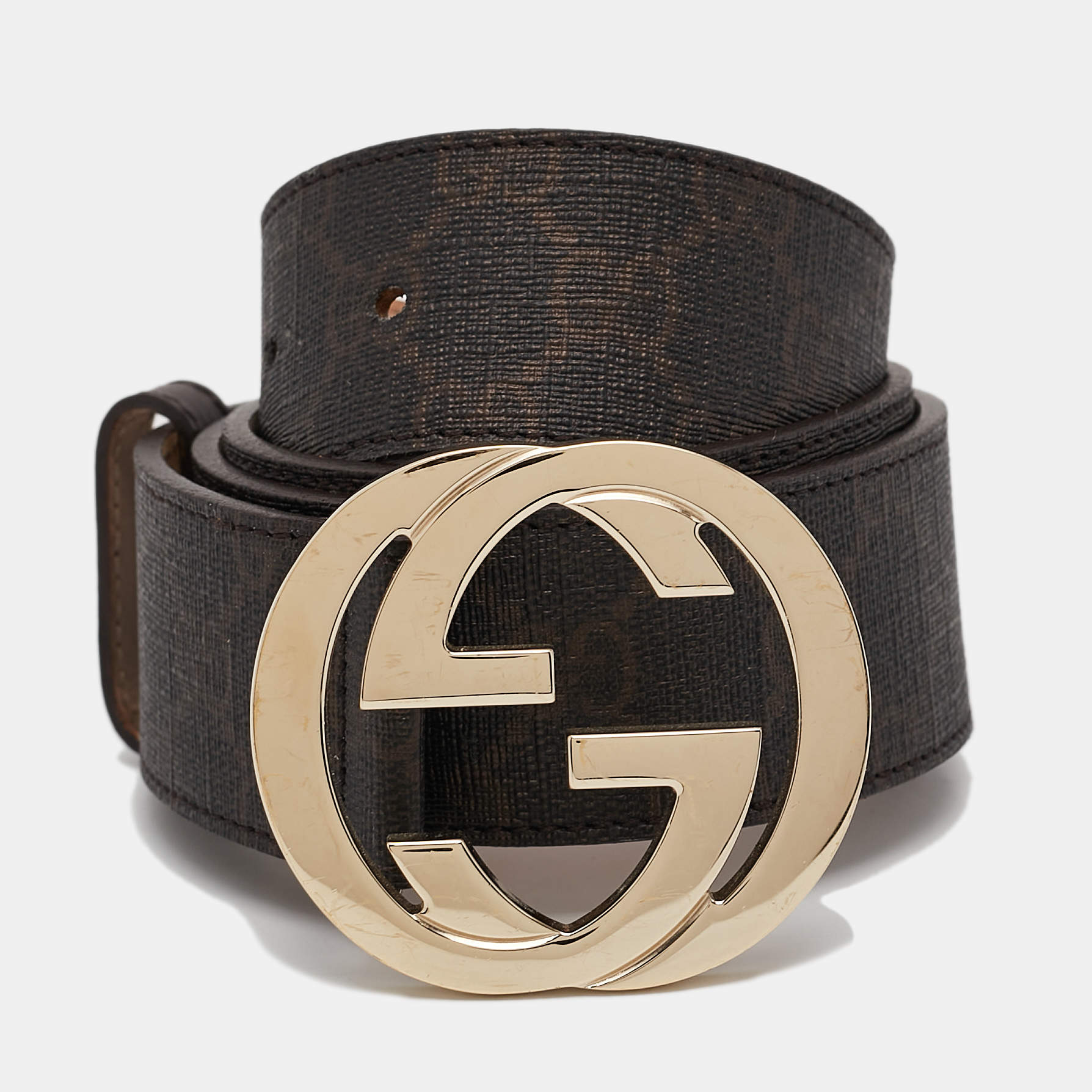 Gucci Dark Brown GG Supreme Canvas Interlocking G Buckle Belt 95CM