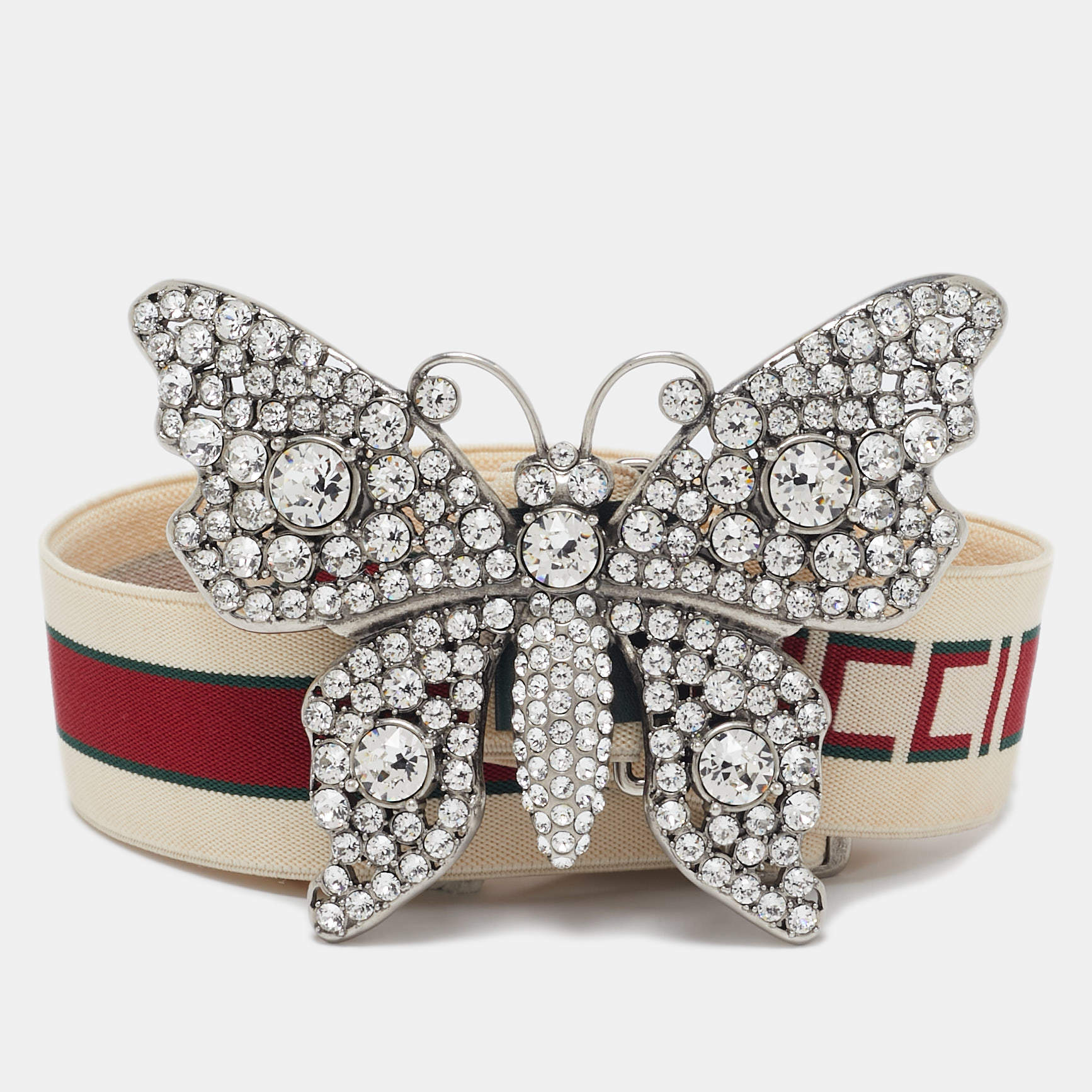 Pre Owned Gucci White/Red Elastic Band Butterfly Crystals Belt 95CM