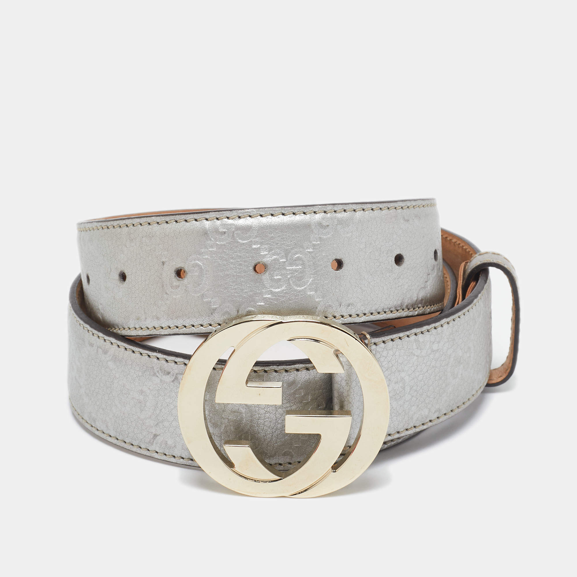 Pre Owned Gucci Silver Guccissima Leather Interlocking G Buckle Belt 95CM