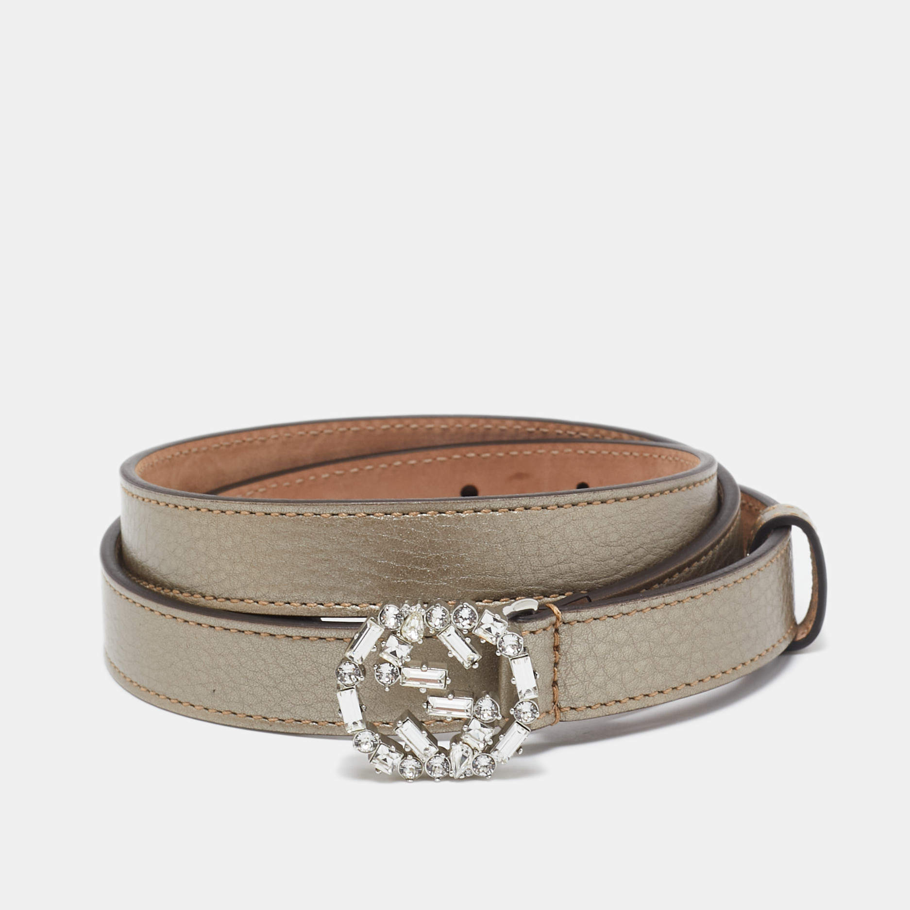 Gucci Gold Leather Crystal Embellished Interlocking G Buckle Belt 90CM