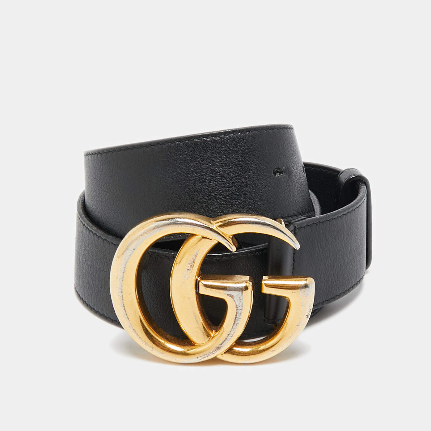 Pre Owned Gucci Black Leather GG Marmont Buckle Belt 75 CM