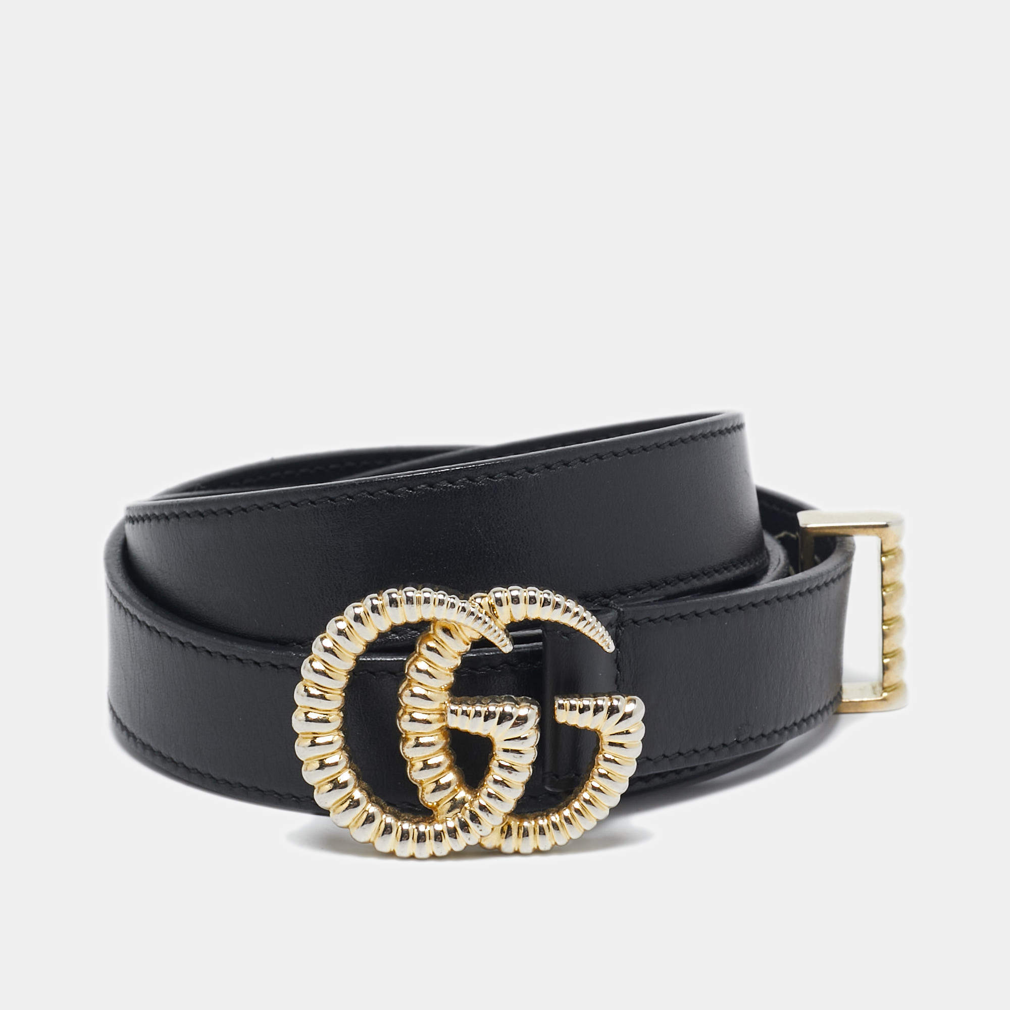 Pre Owned Gucci Black Leather GG Marmont Torchon Buckle Belt 85 CM