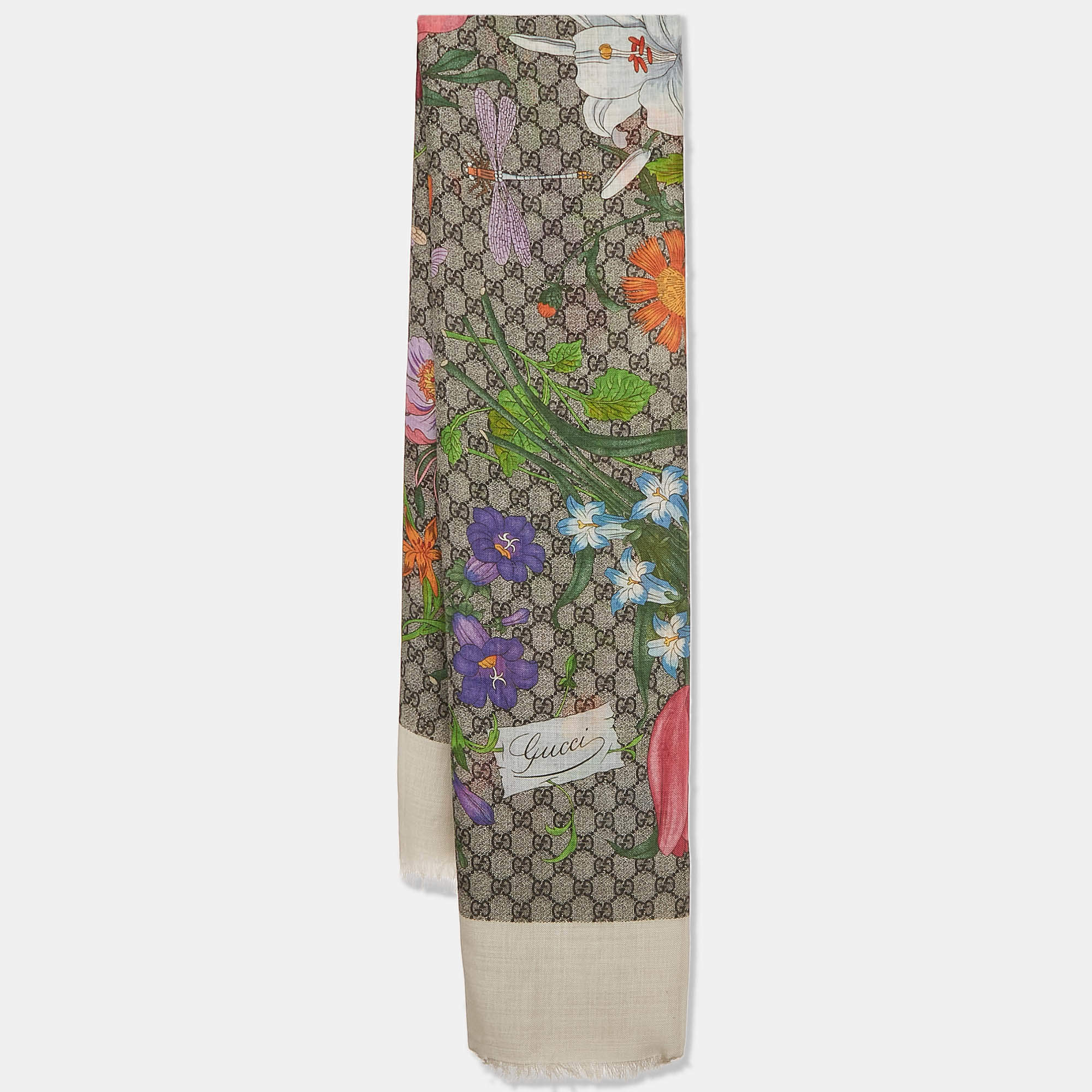 Gucci Beige Floral Print GG Wool & Silk Scarf