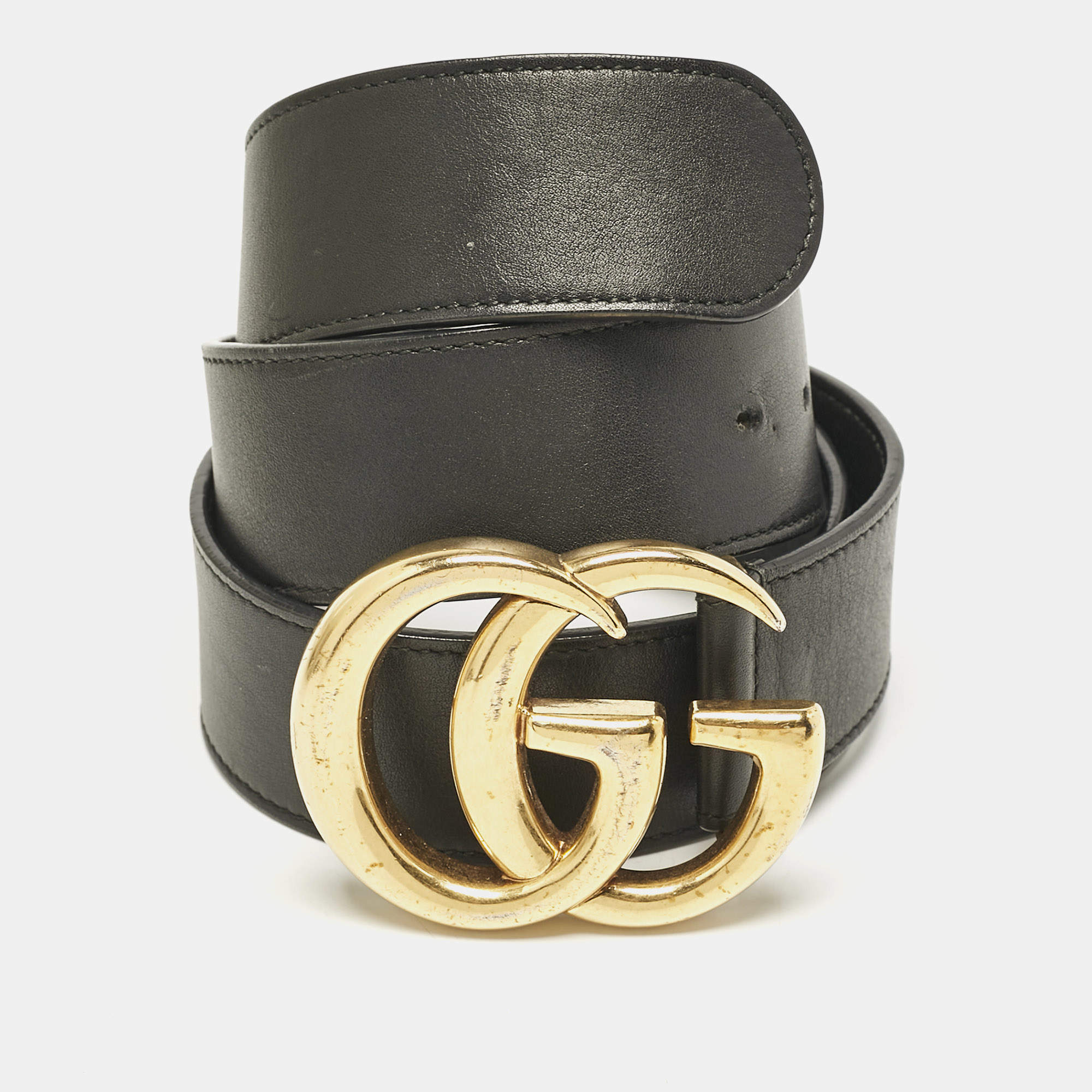 Pre Owned Gucci Black Leather GG Marmont Buckle Belt 80CM