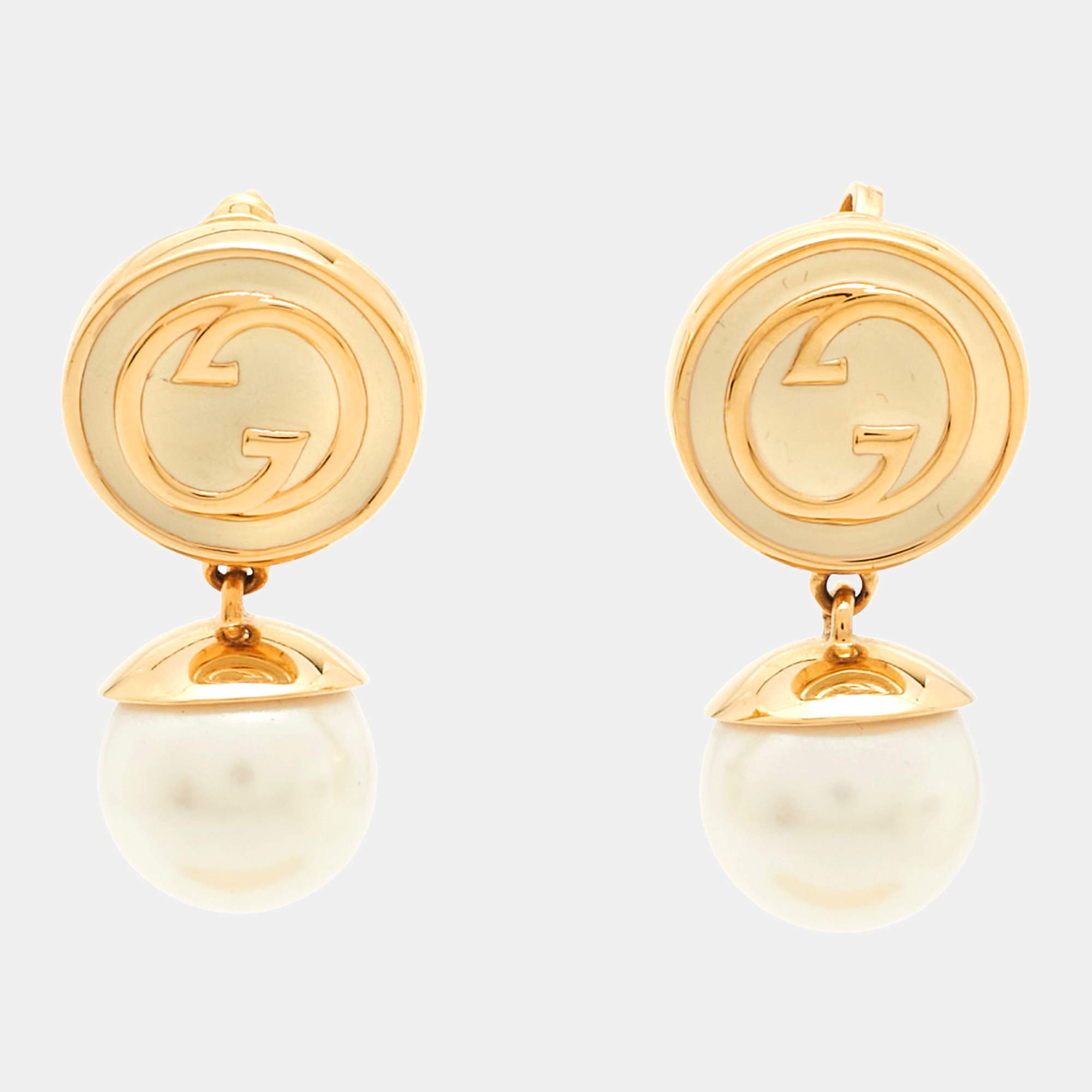 Gucci Blondie Enamel Faux Pearl Gold Tone Drop Earrings
