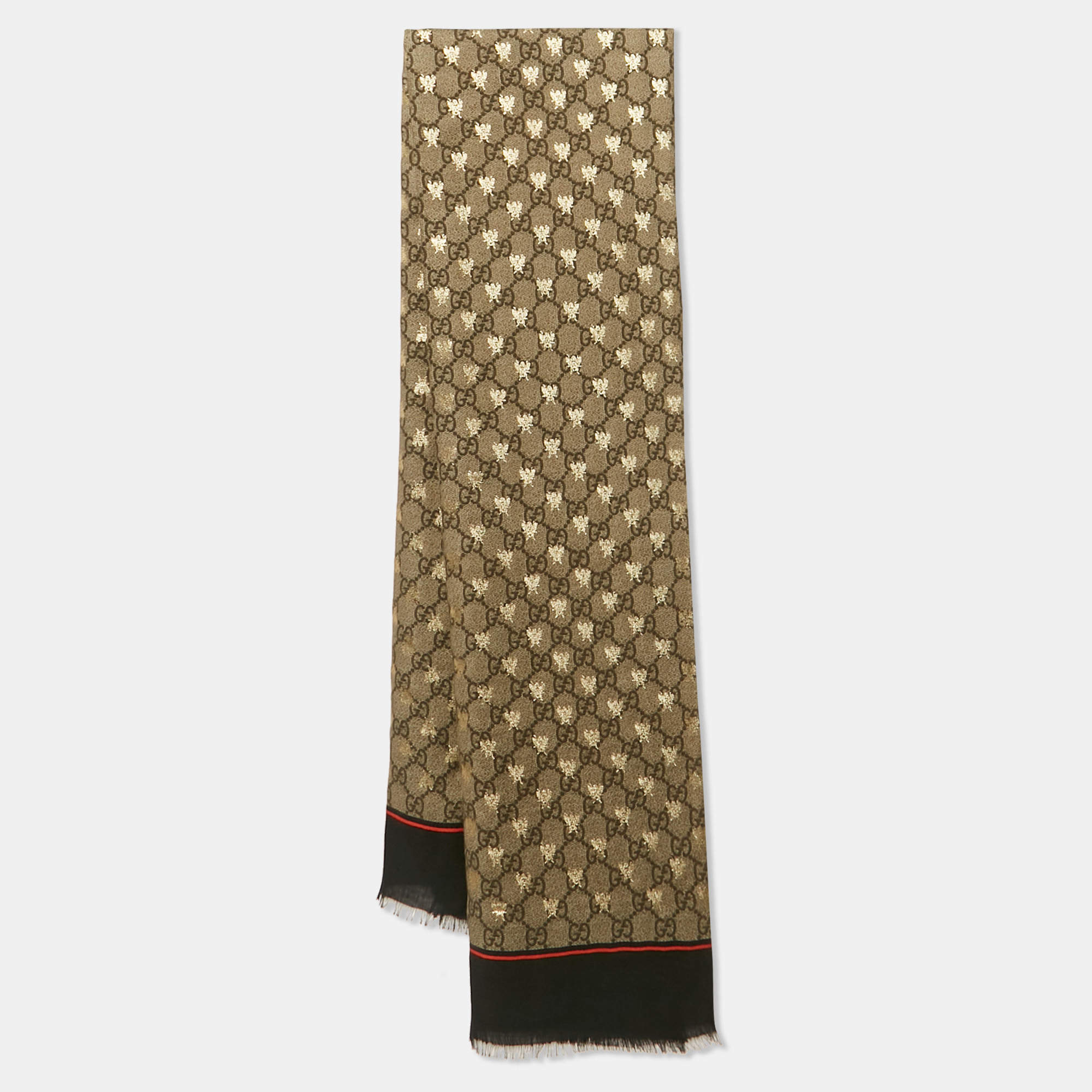 Gucci Brown GG and Bee Print Silk Scarf 