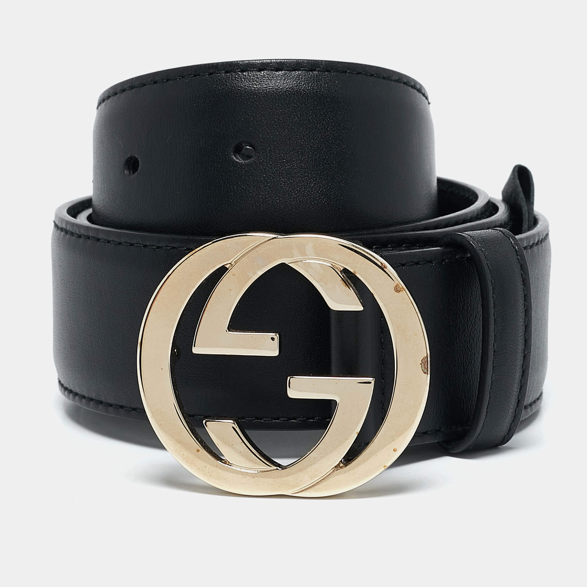 Gucci Black Leather Interlocking G Buckle Belt 80CM