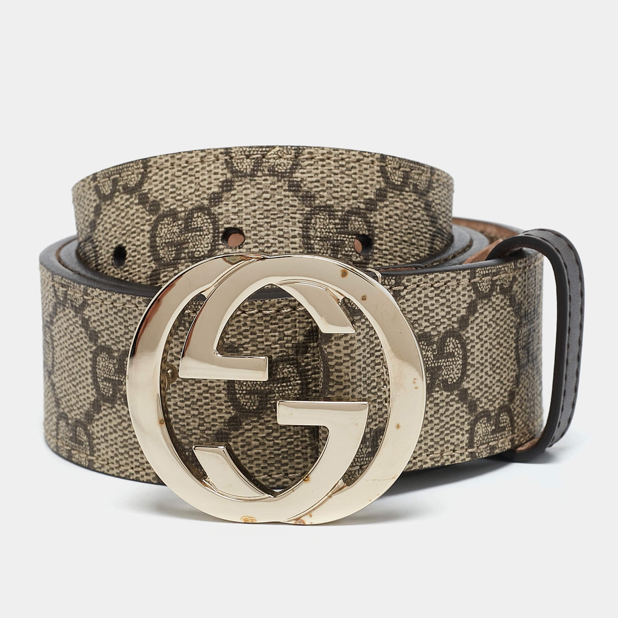 Gucci Beige GG Supreme Canvas Interlocking G Buckle Belt 80CCM