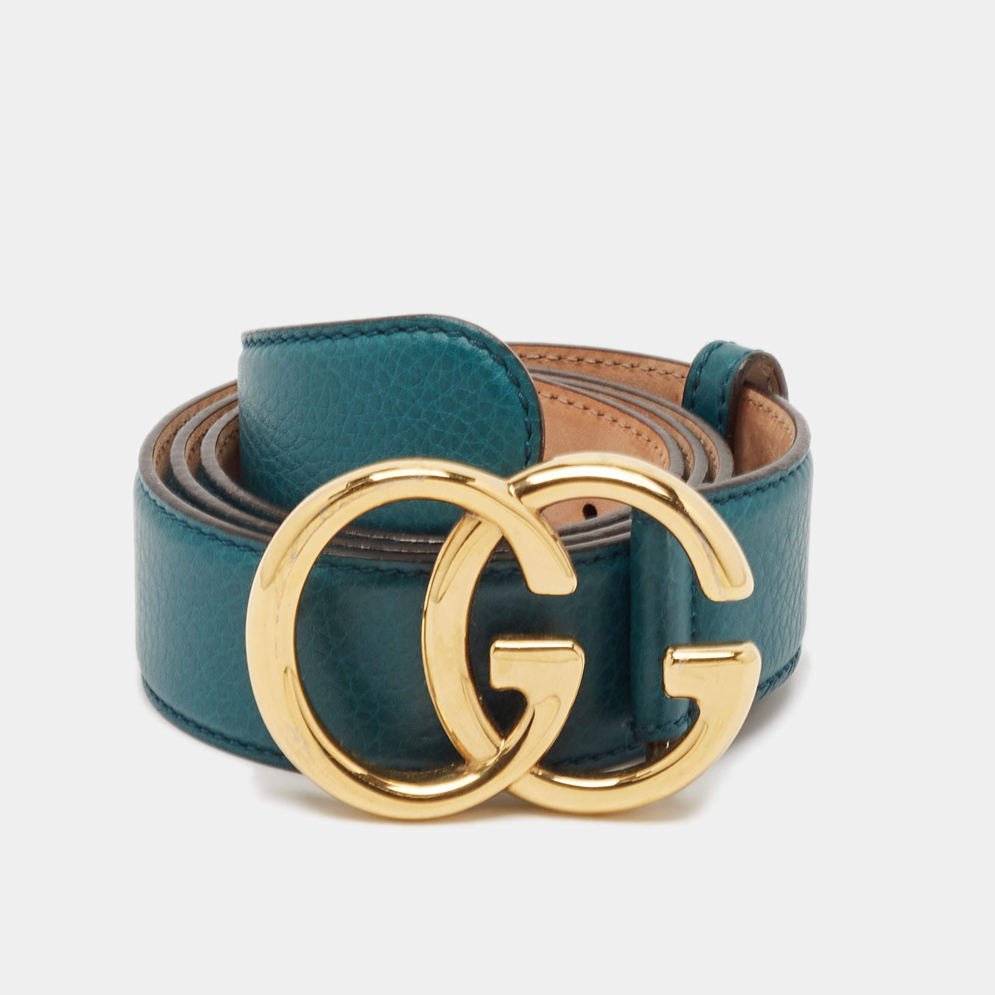 Pre Owned Gucci Teal Green Leather Double G Buckle Belt 95CM