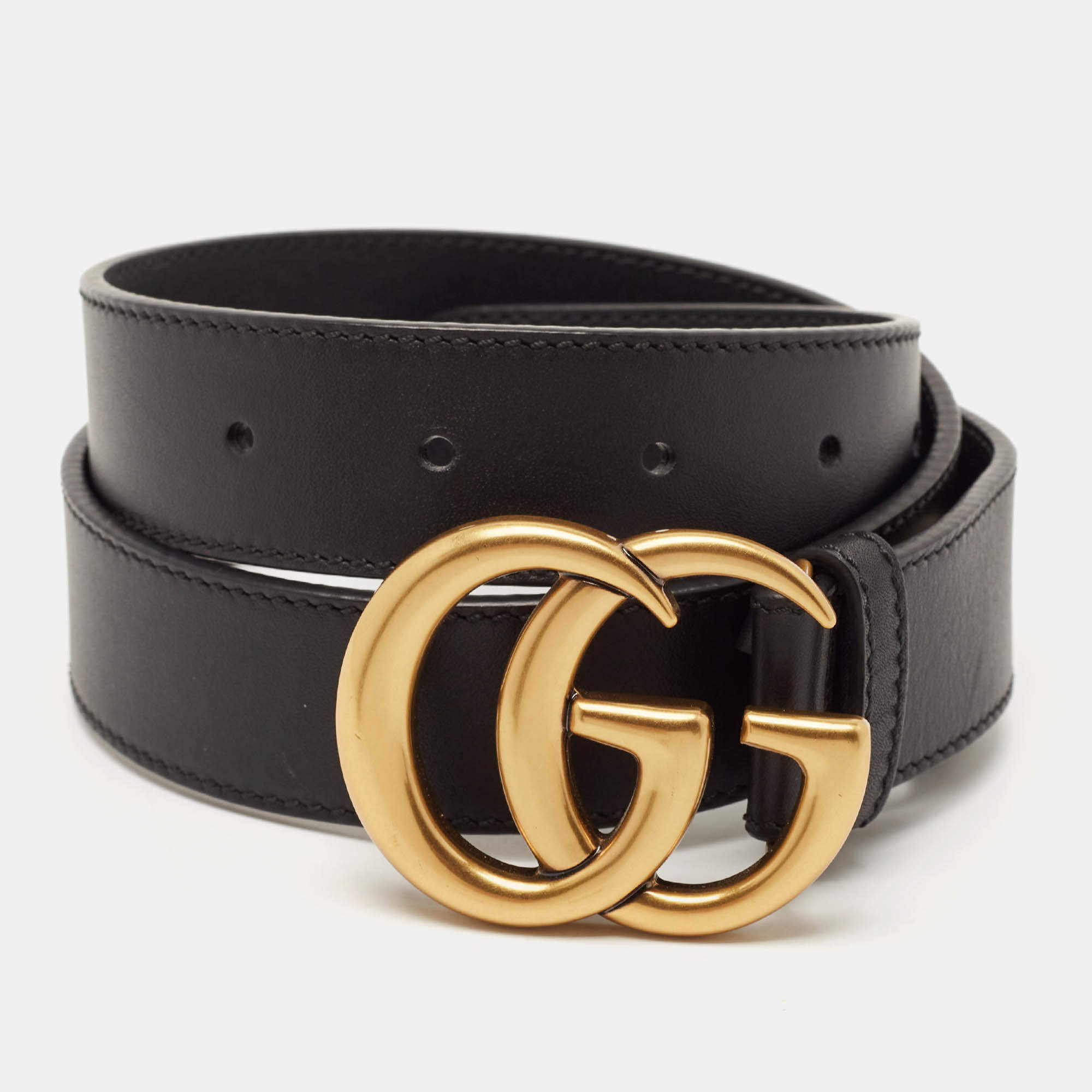 Pre Owned Gucci Black Leather GG Marmont Buckle Belt 75 CM
