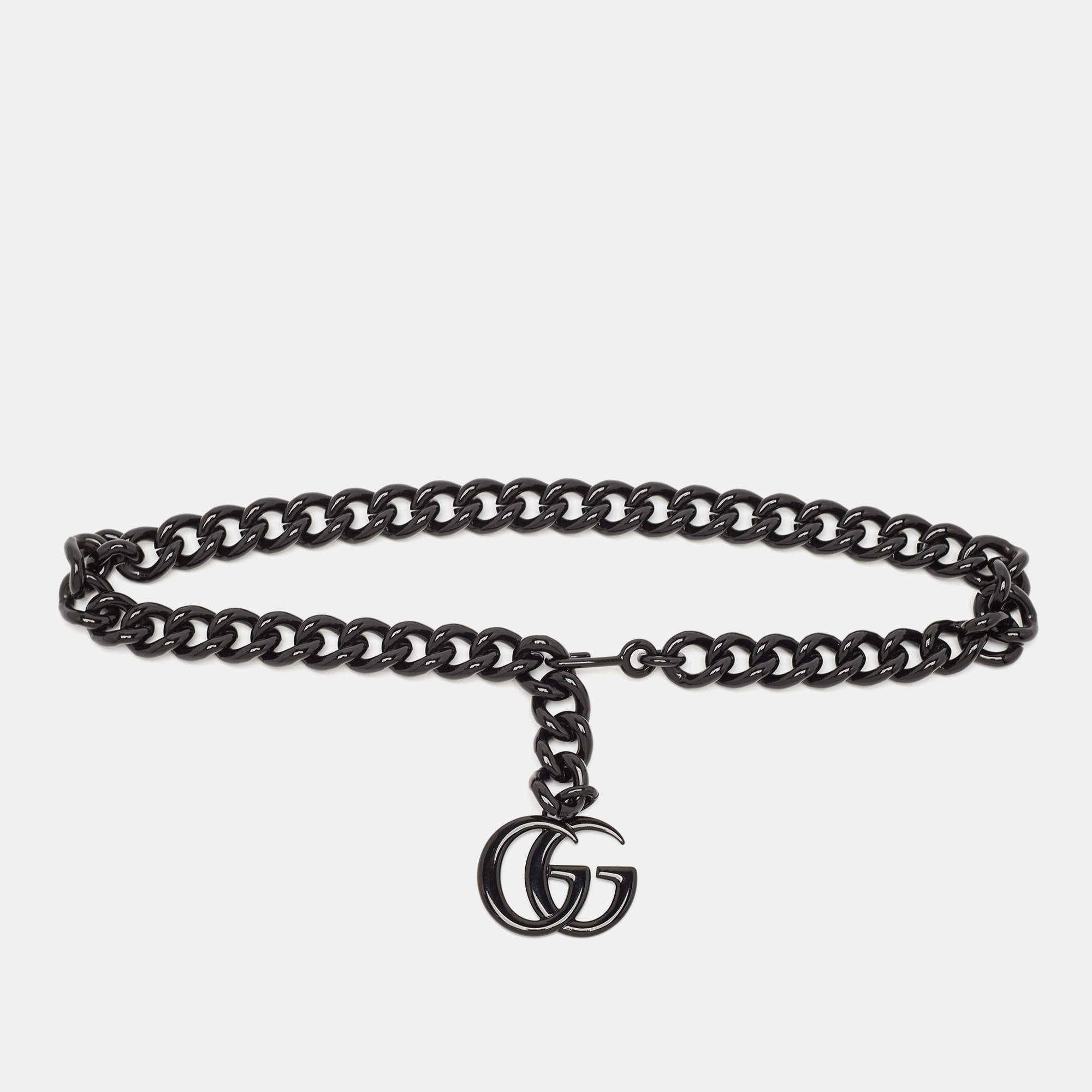 Pre Owned Gucci Black Tone Metal GG Marmont Chain Belt 85 CM