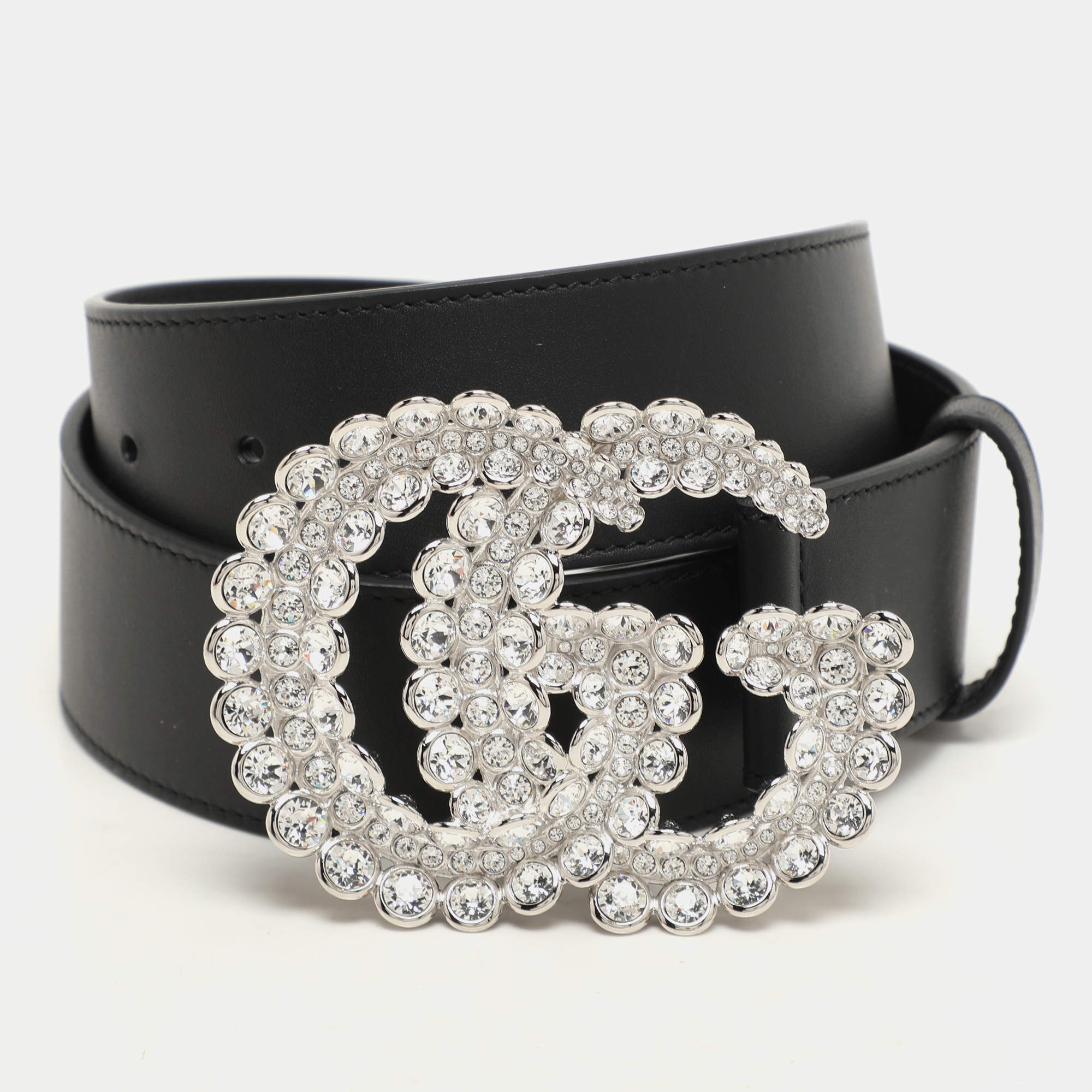 Pre Owned Gucci Black Leather GG Crystal Buckle Belt 70CM