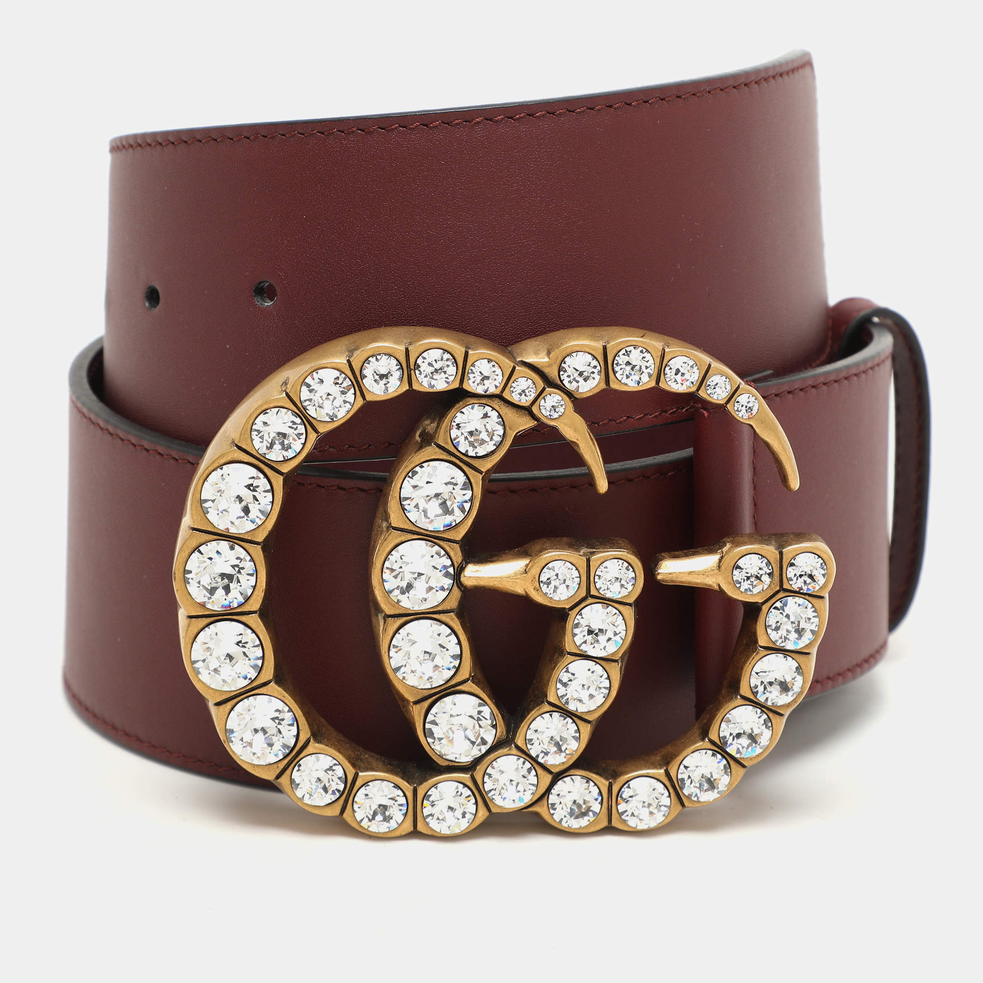 Pre Owned Gucci Burgundy Leather GG Crystals Wide Belt 75CM