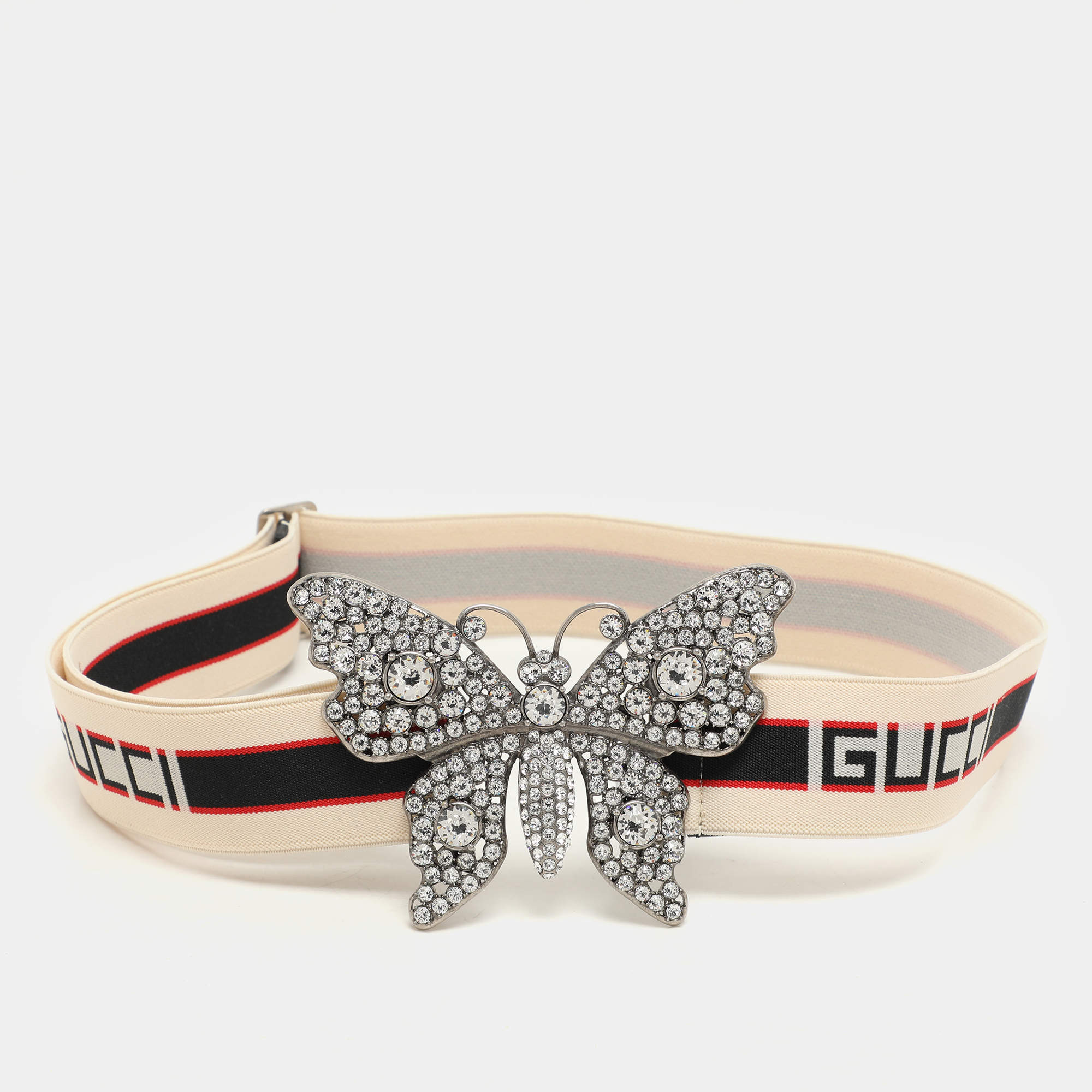 Pre Owned Gucci White Elastic Band Crystals Embellished Butterfly Waist Belt 85CM