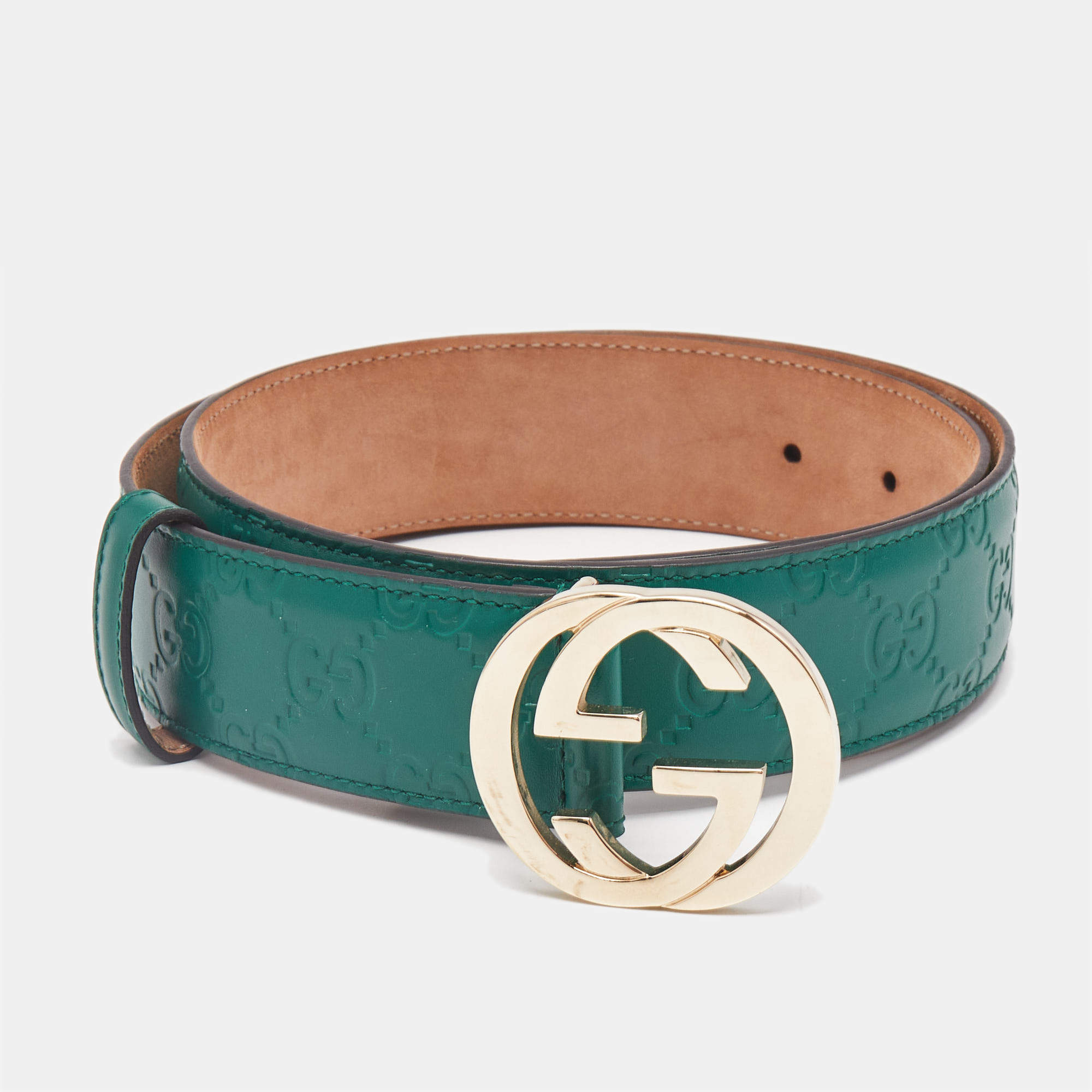 Gucci Green Guccissima Leather Interlocking G Buckle Belt 80CM