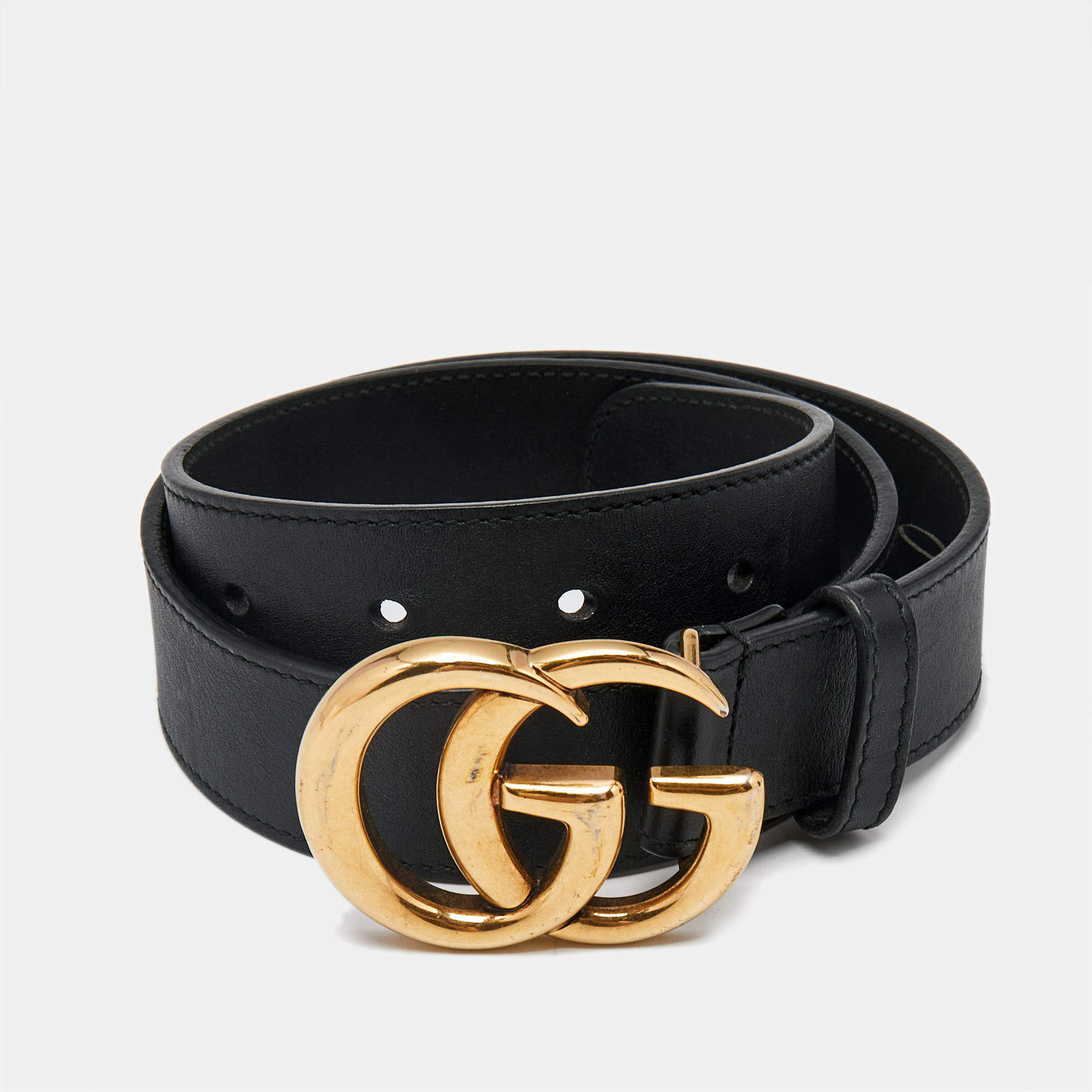 Pre Owned Gucci Black Leather GG Marmont Buckle Belt 70CM