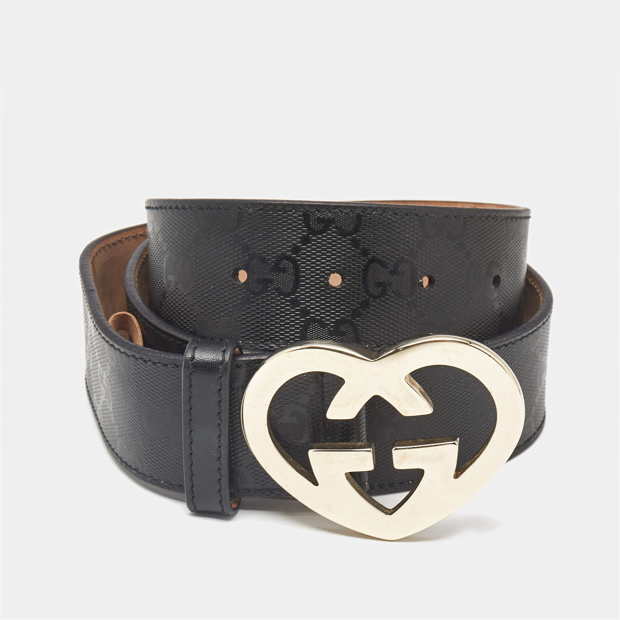 Gucci Black GG Imprime Canvas Lovely Heart Buckle Belt 80 CM