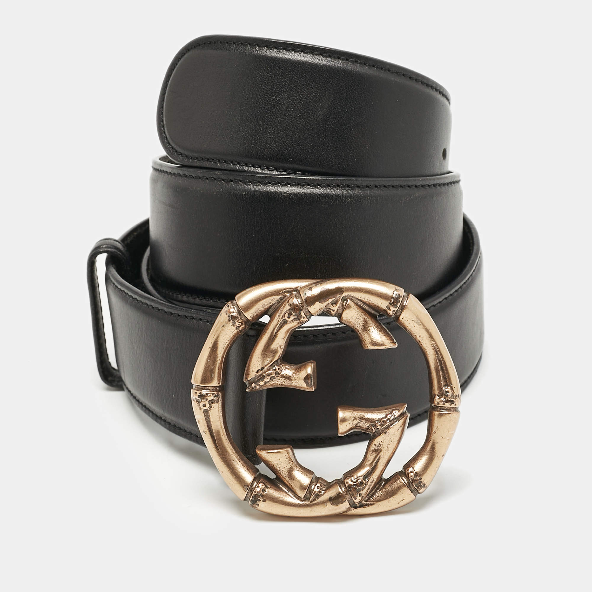  Gucci Black Leather Metal Bamboo Interlocking G Buckle Belt 85CM