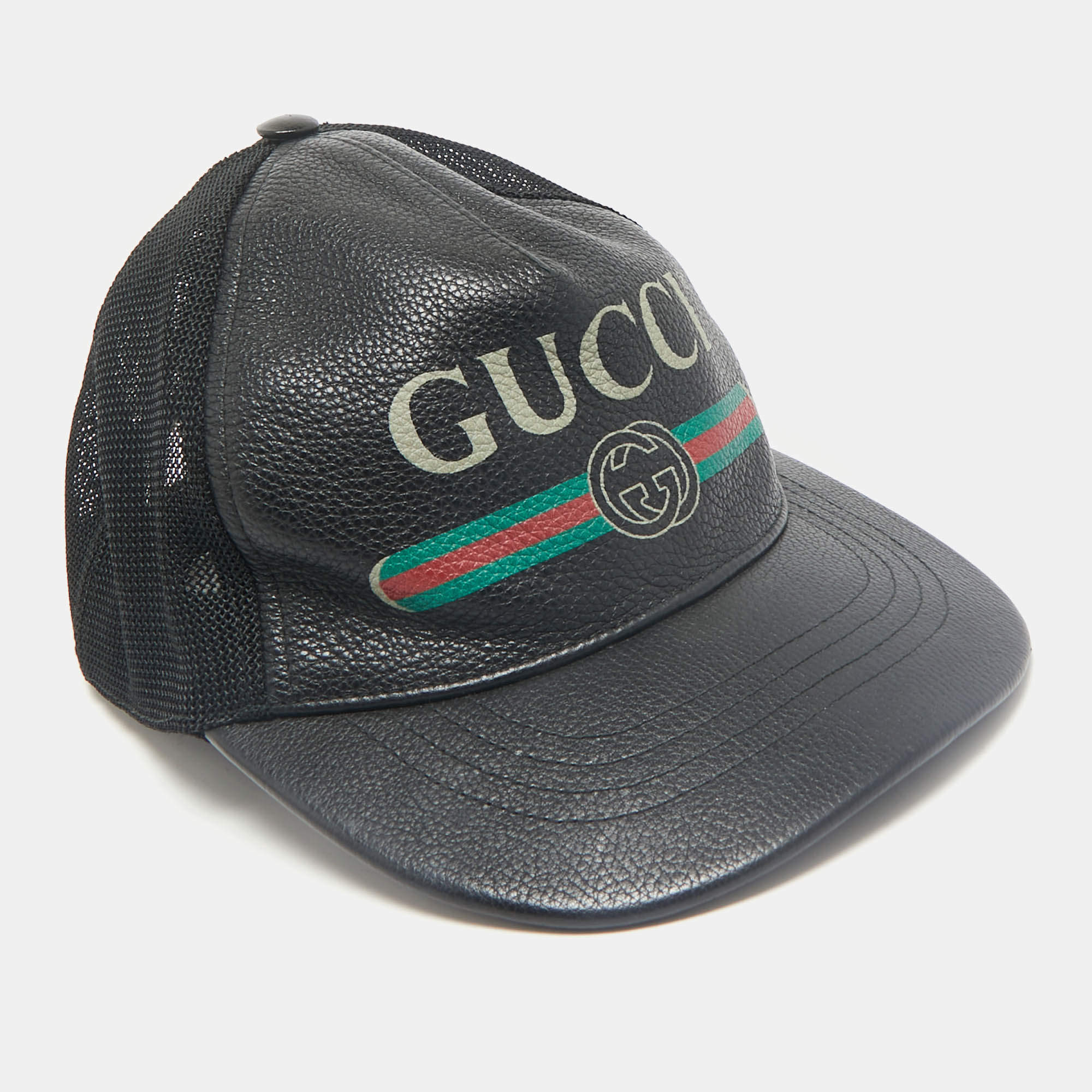 Gucci Black Vintage Logo Leather and Mesh Baseball Cap S