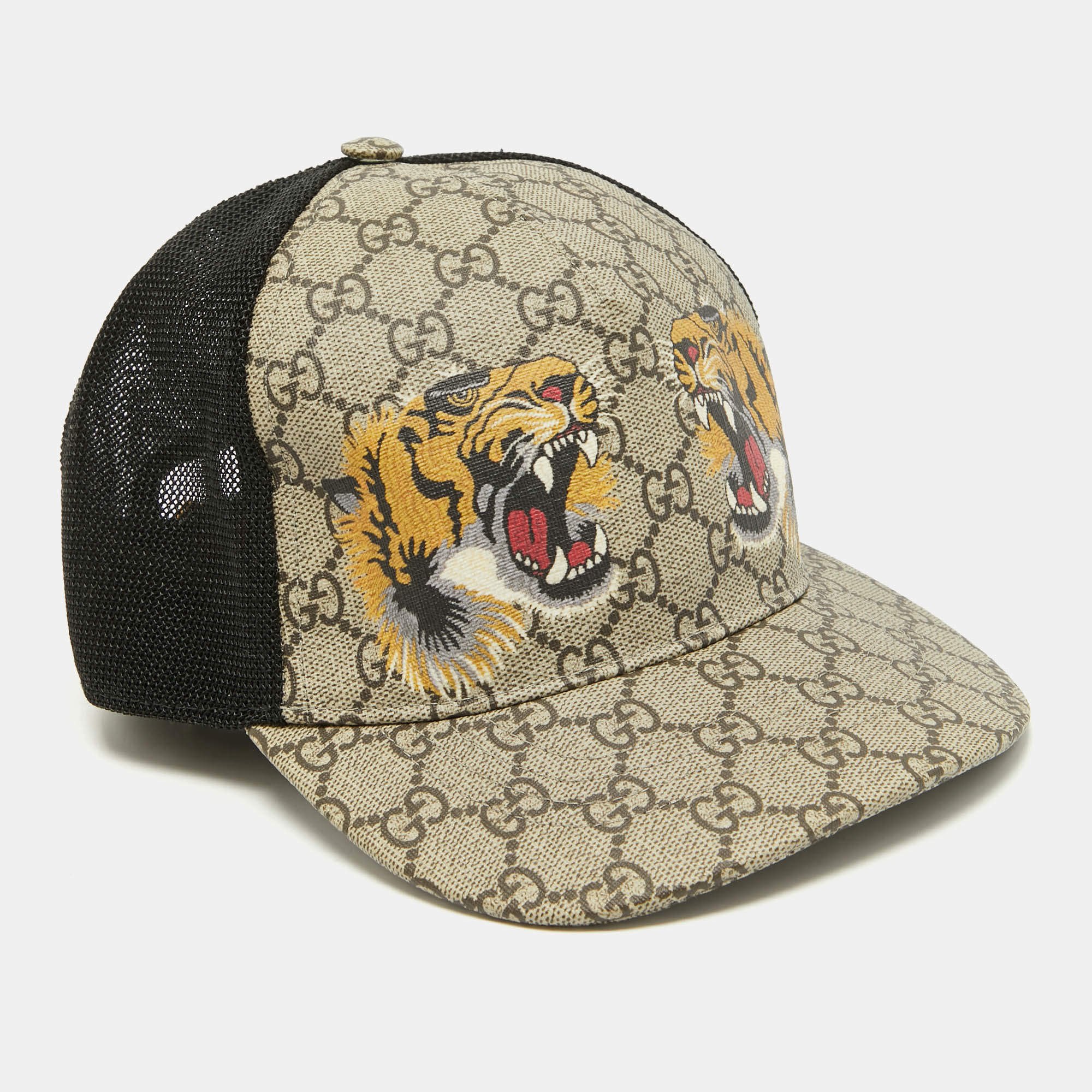 Gucci Beige/Black Tiger Print GG Supreme Canvas & Mesh Baseball Cap M