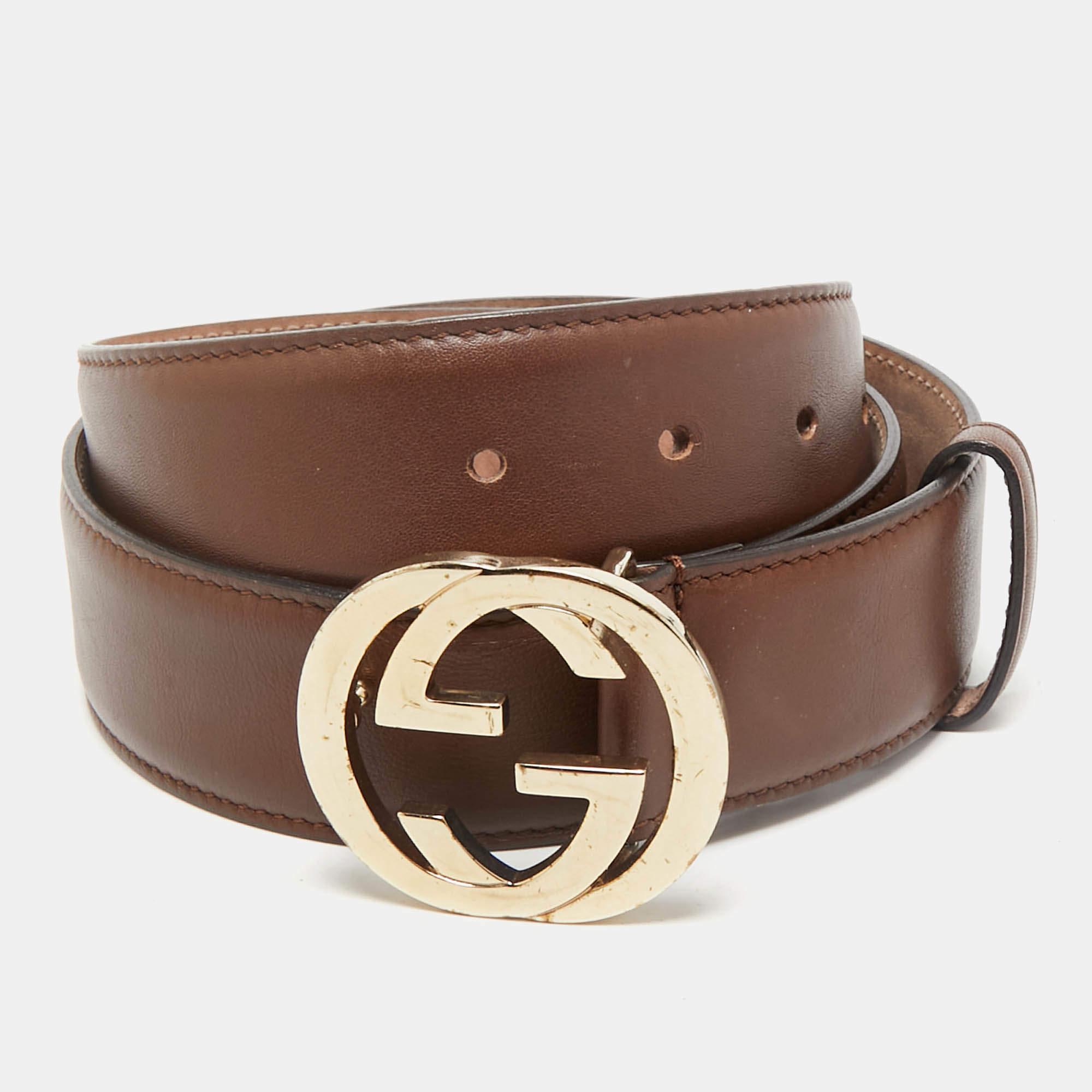 Gucci Brown Leather Interlocking G Buckle Belt 85CM