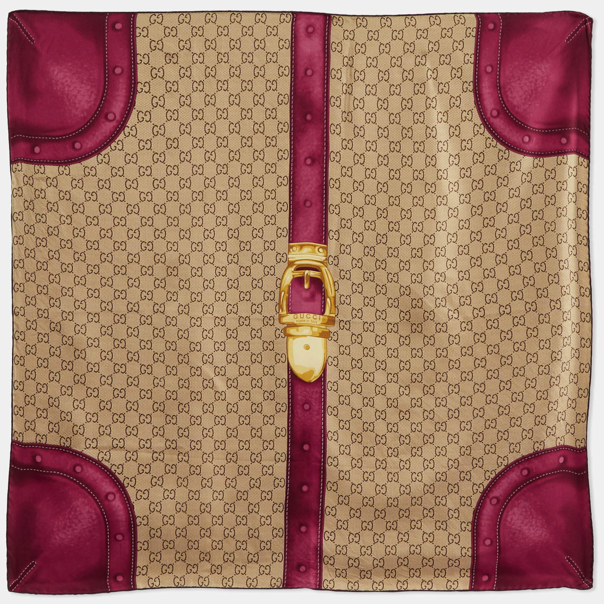 Pre Owned Gucci Pink/Beige Monogram Trunk Print Silk Scarf
