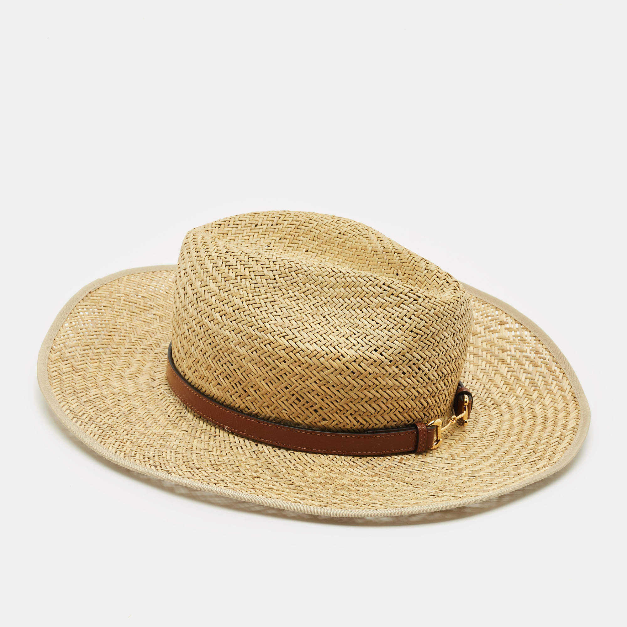 Gucci Beige Horsebit Leather Trim Straw Hat 