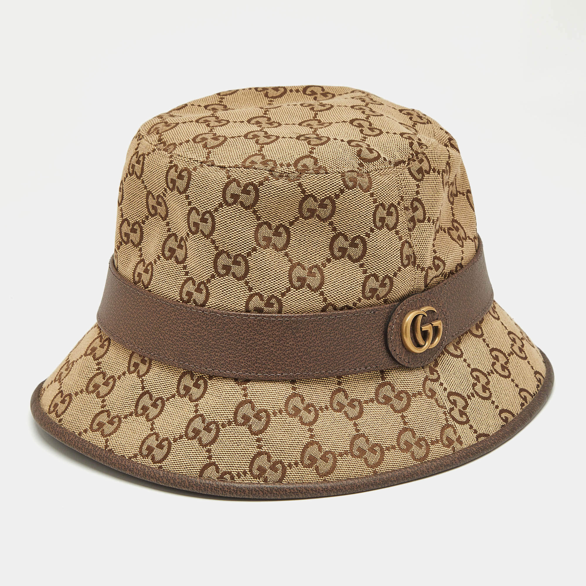 Gucci Beige GG Canvas Leather Trimmed Bucket Hat M