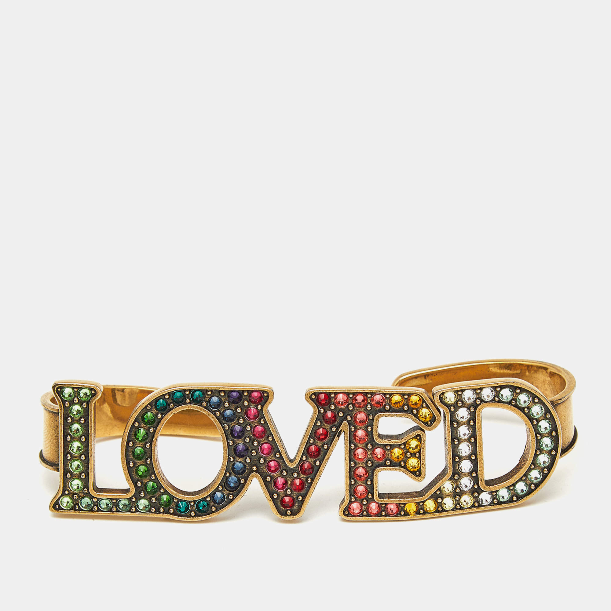 Pre Owned Gucci 'LOVED' Crystal Gold Tone 4 Finger Ring