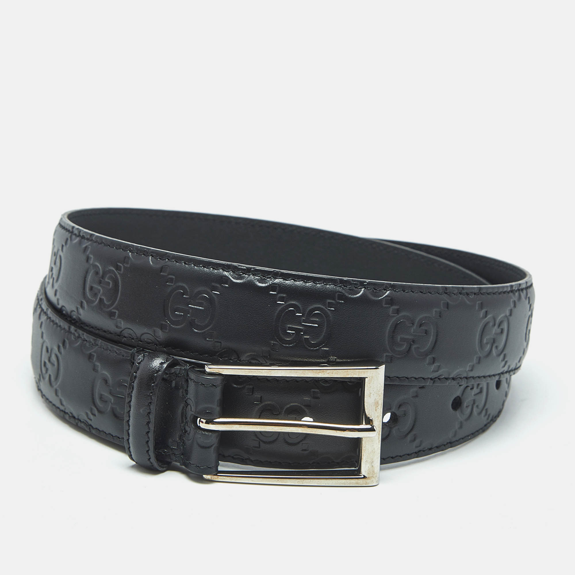 Pre Owned Gucci Black Guccissima Leather Interlocking G Buckle Belt 90CM