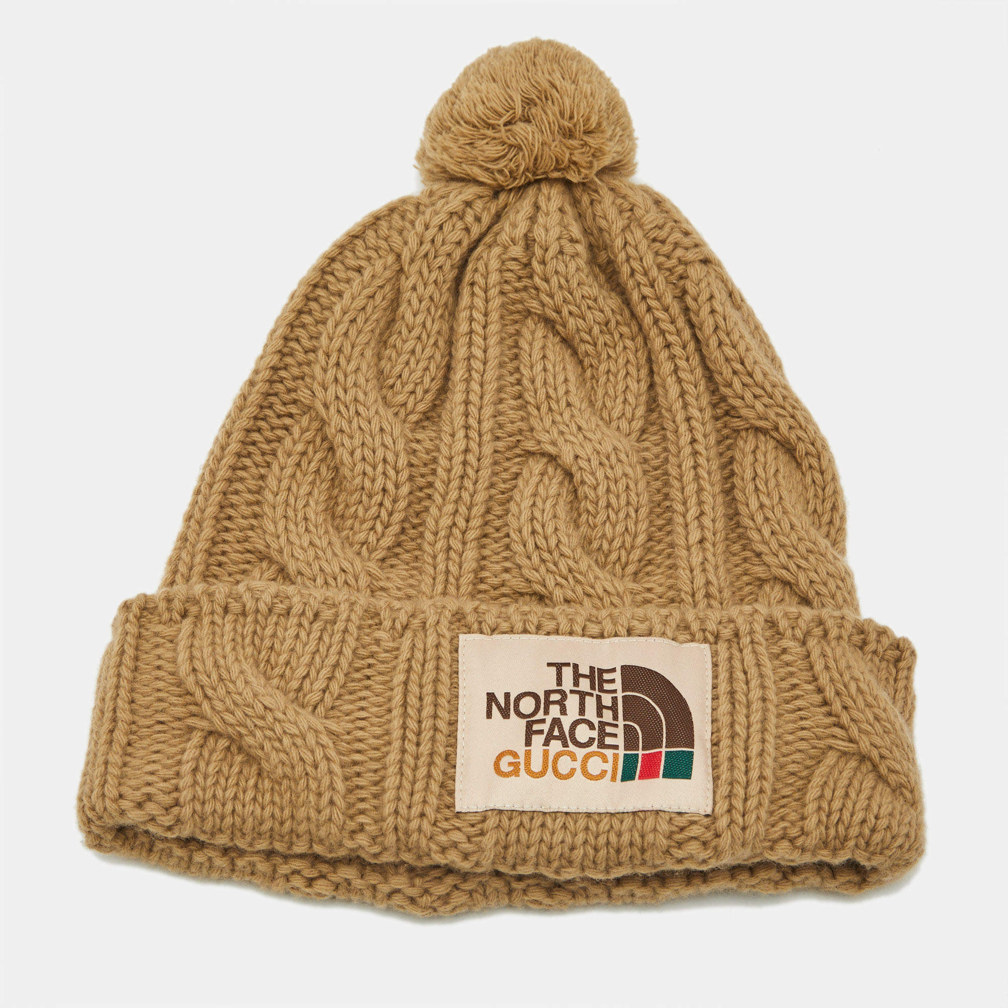 Pre Owned Gucci x The North Face Camel Brown Cable Knit  Pom Pom Beanie S