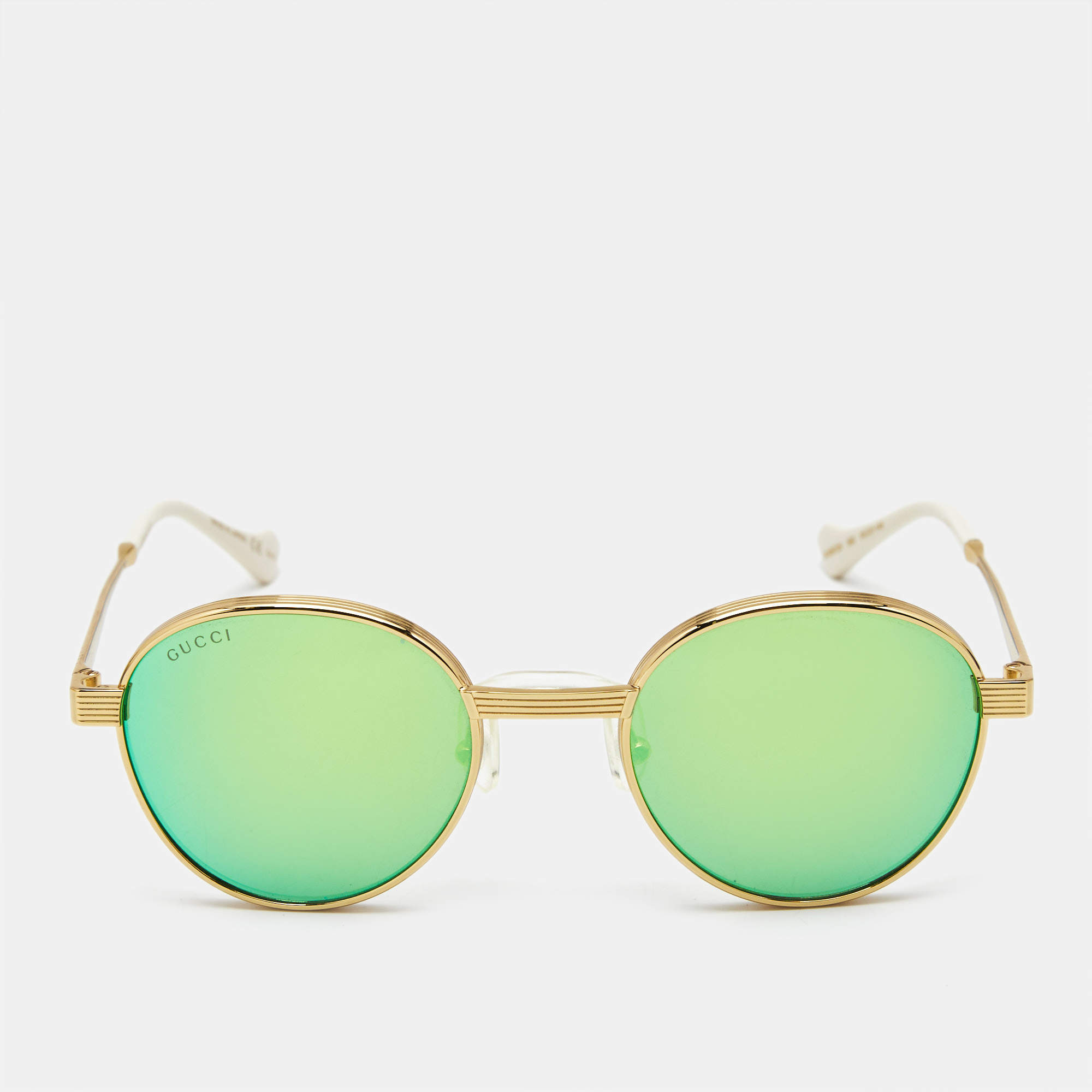 Pre Owned Gucci White/Gold Tone Mirrored GG0872S Round Sunglasses