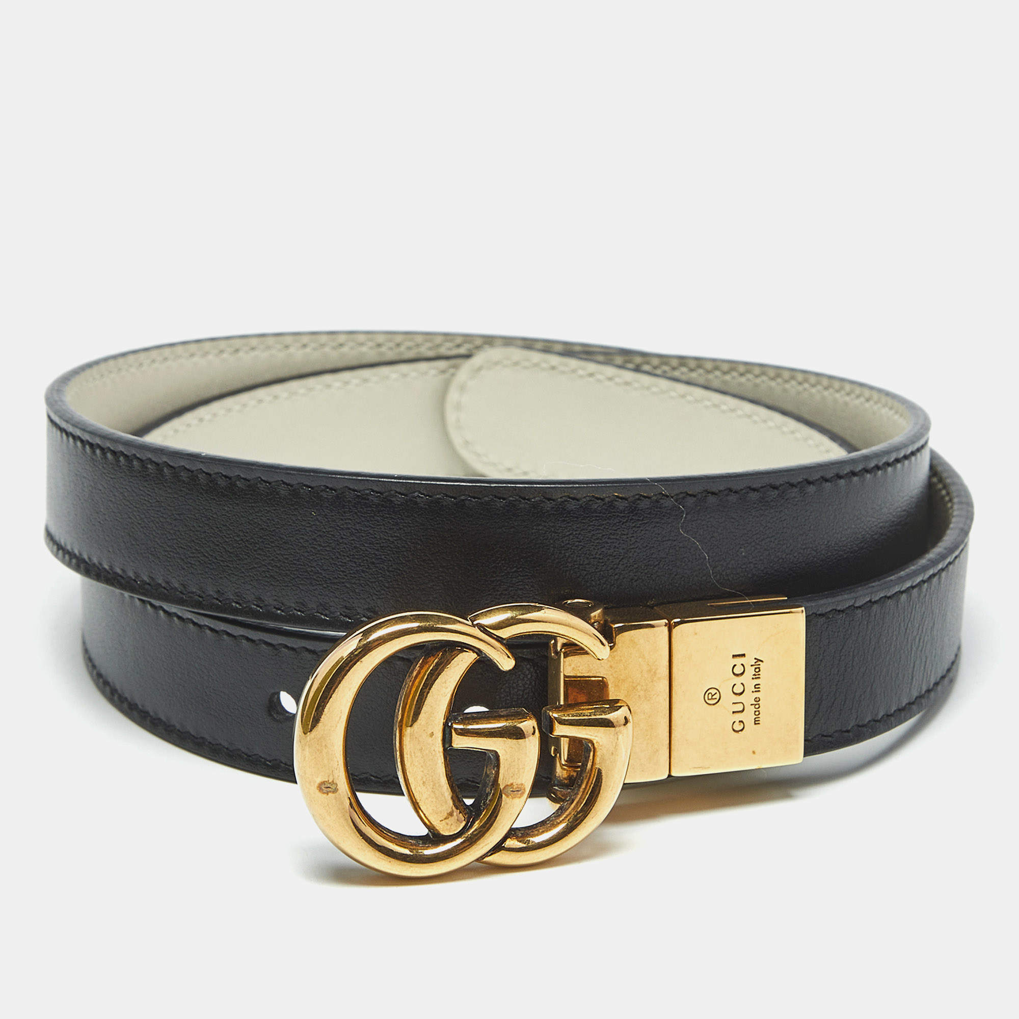Pre Owned Gucci Black/White Leather GG Marmont Reversible Slim Belt 80 CM