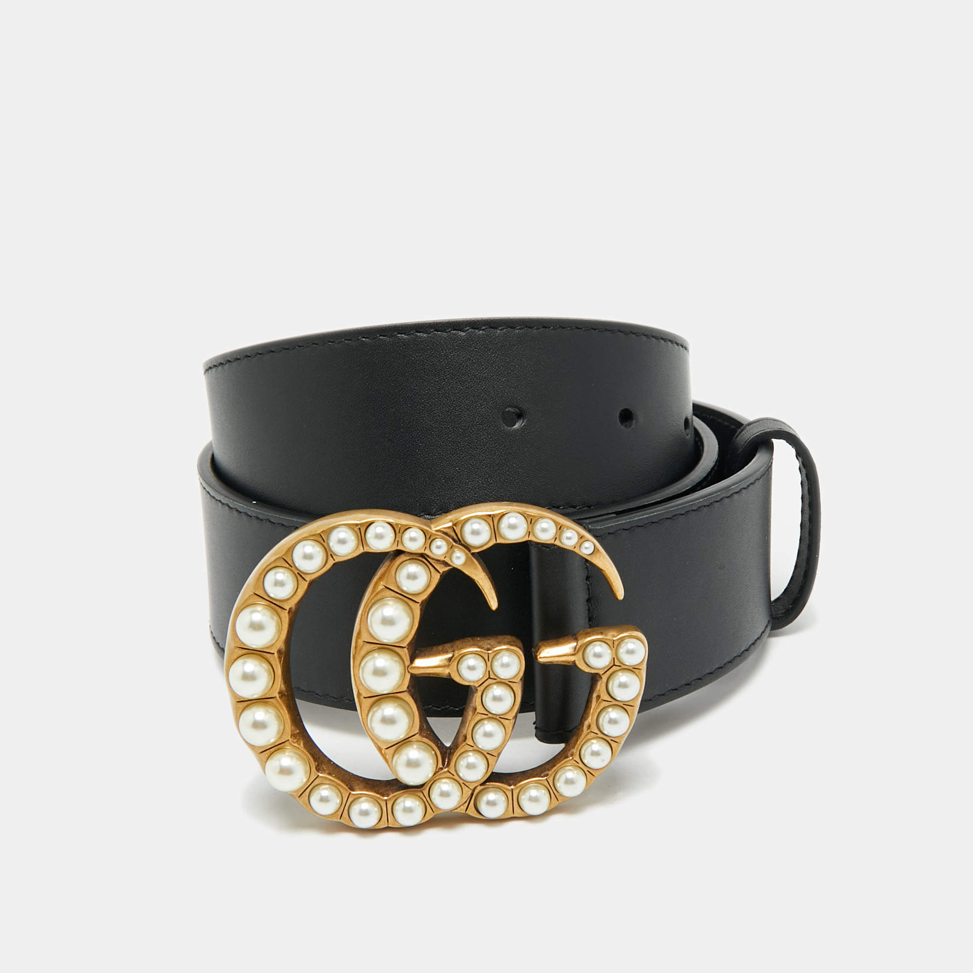 Pre Owned Gucci Black Leather Pearl Embellished Double G Buckle Belt 80 CM