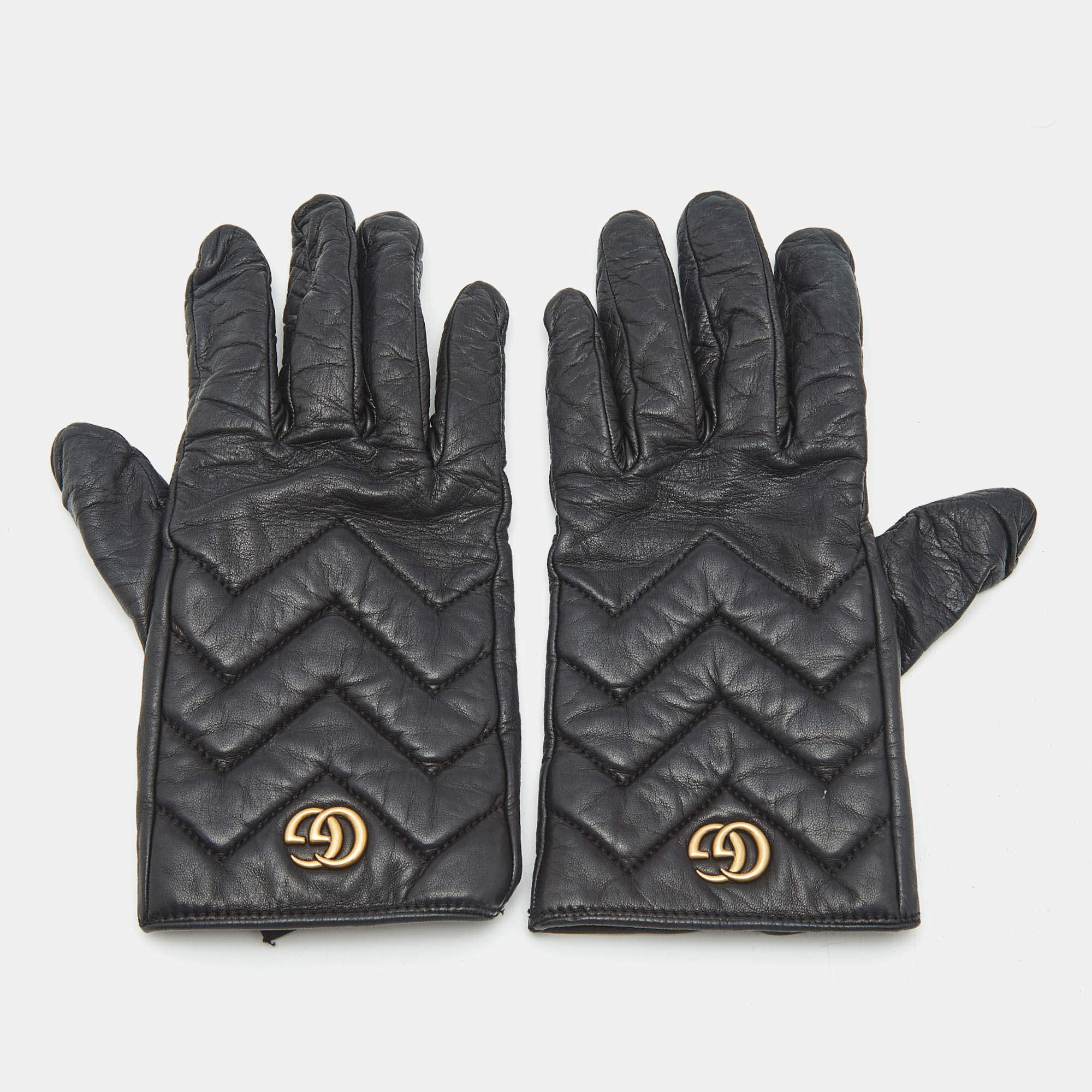Pre Owned Gucci Black Matelassé Leather GG Marmont Gloves S