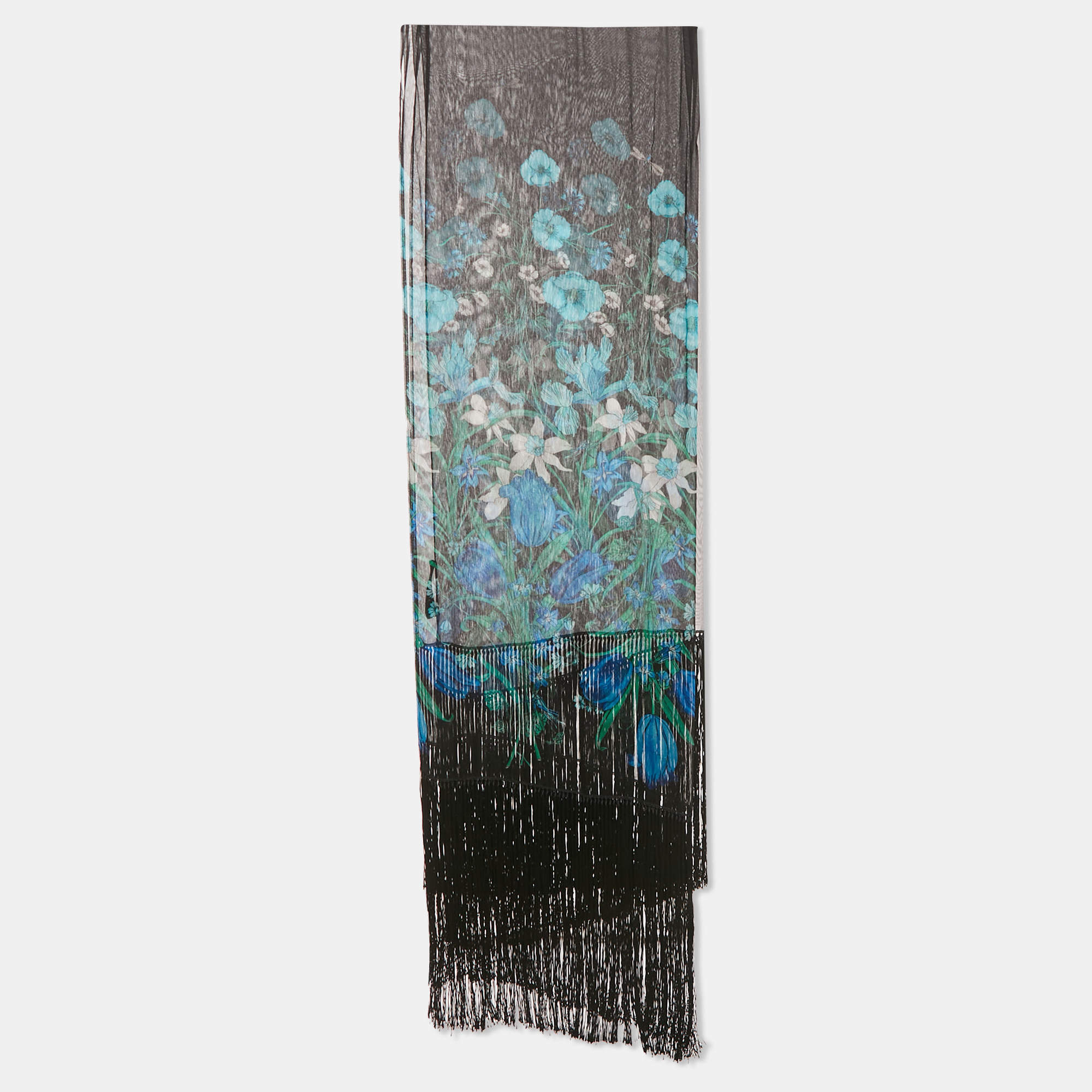 مملوكة مسبقًا Gucci Black Floral Print Silk Chiffon Fringed Stole 