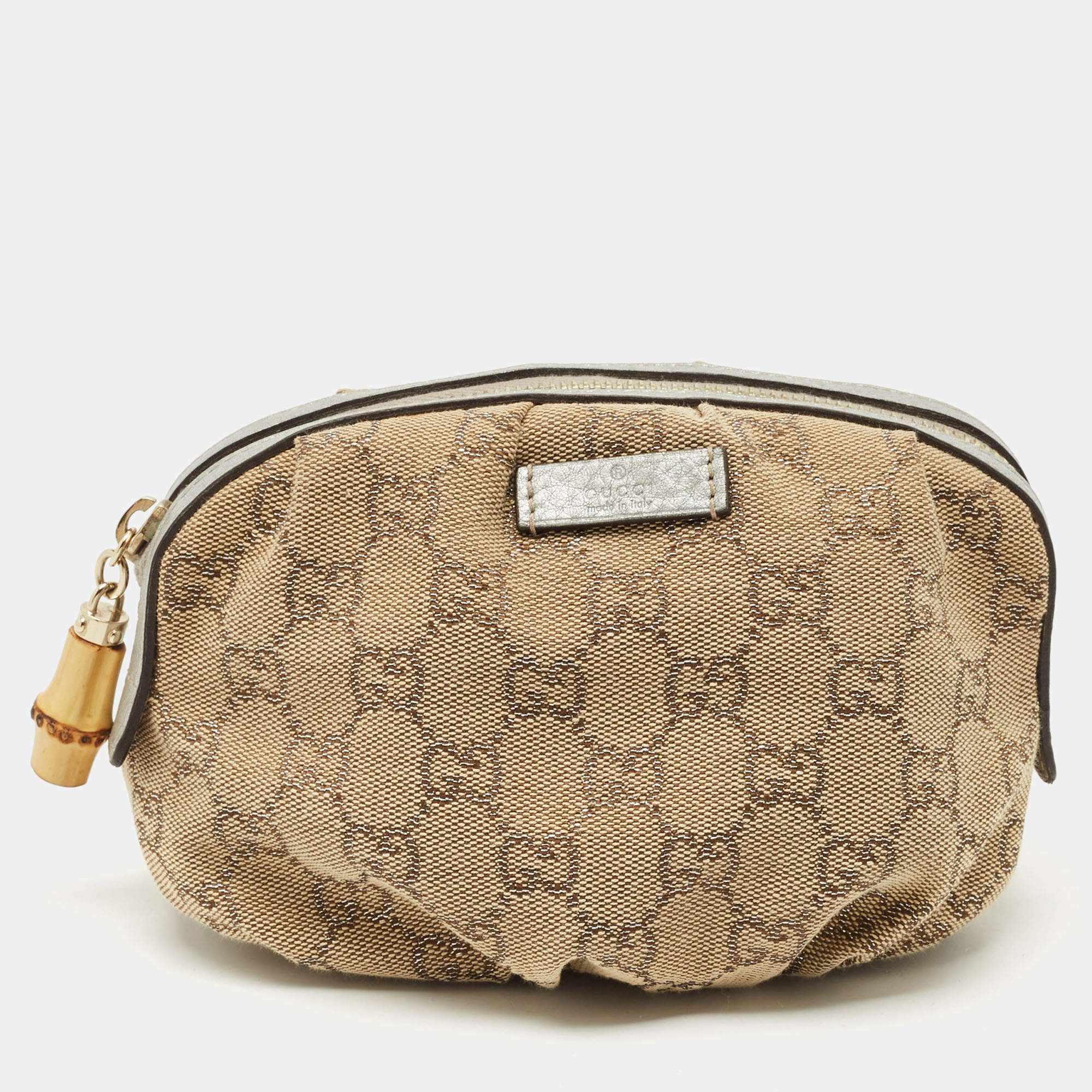 Pre Owned Gucci Beige/Silver GG Canvas and Leather Bamboo Cosmetic Pouch