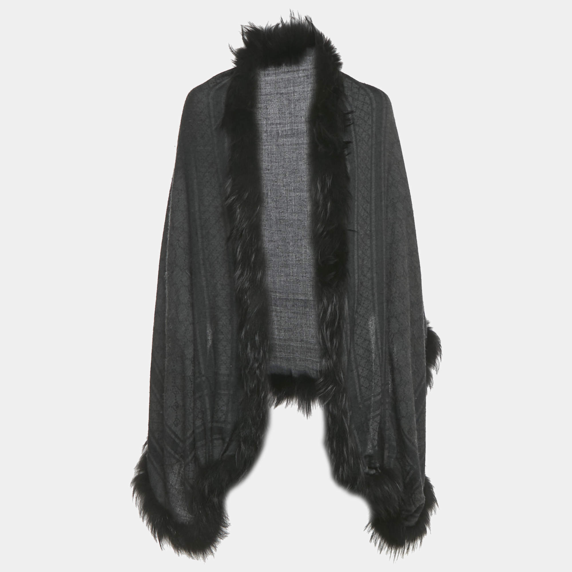 Pre Owned Gucci Black Fur Trim GG Supreme Wool and Silk Shawl