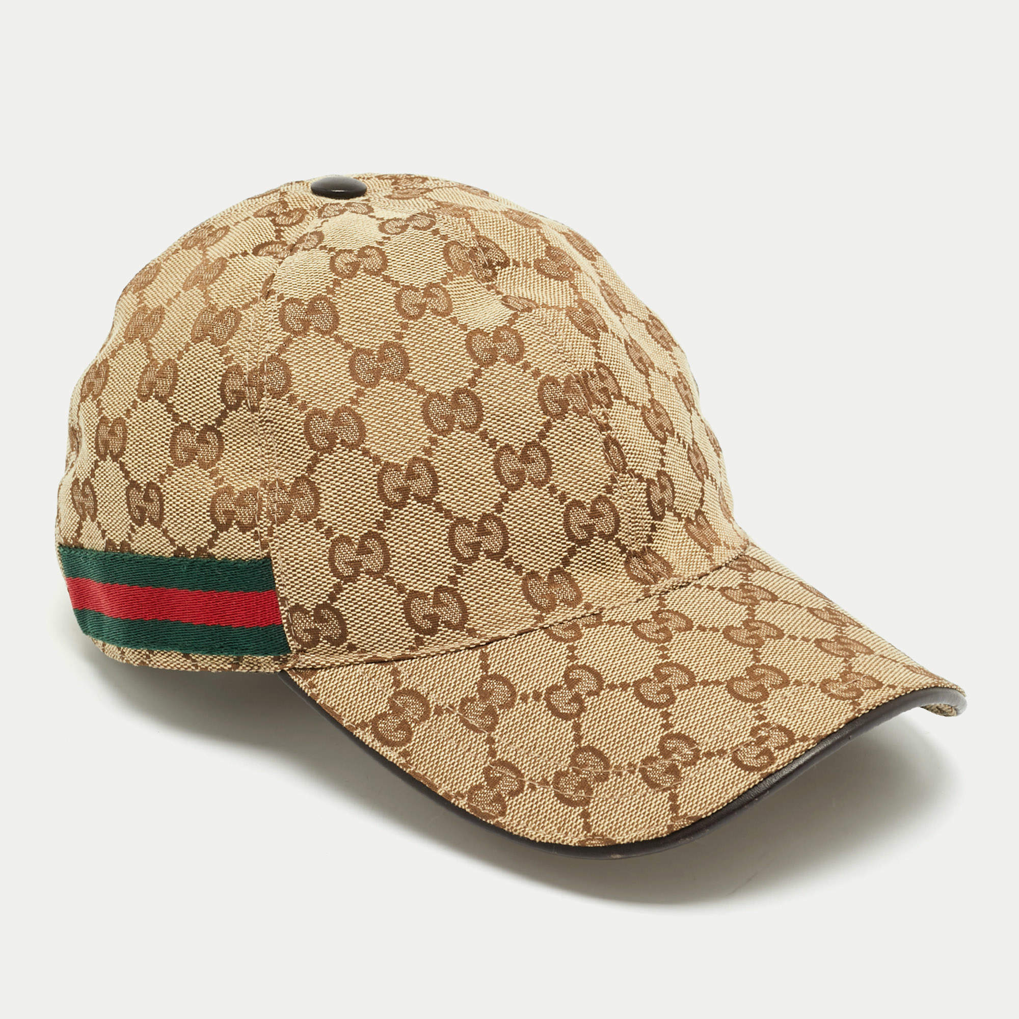 Pre Owned Gucci Beige Logo Monogram Canvas Stripe Detail Baseball Cap M