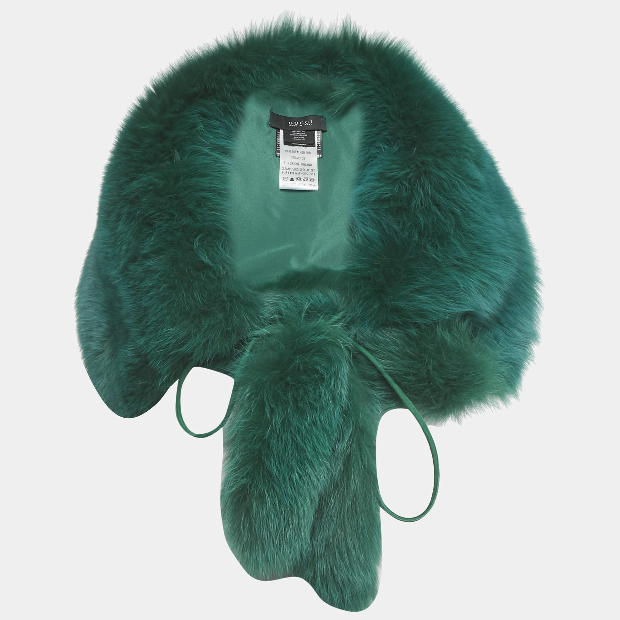 Pre Owned Gucci Green Fox Fur & Leather Trim Neck Collar