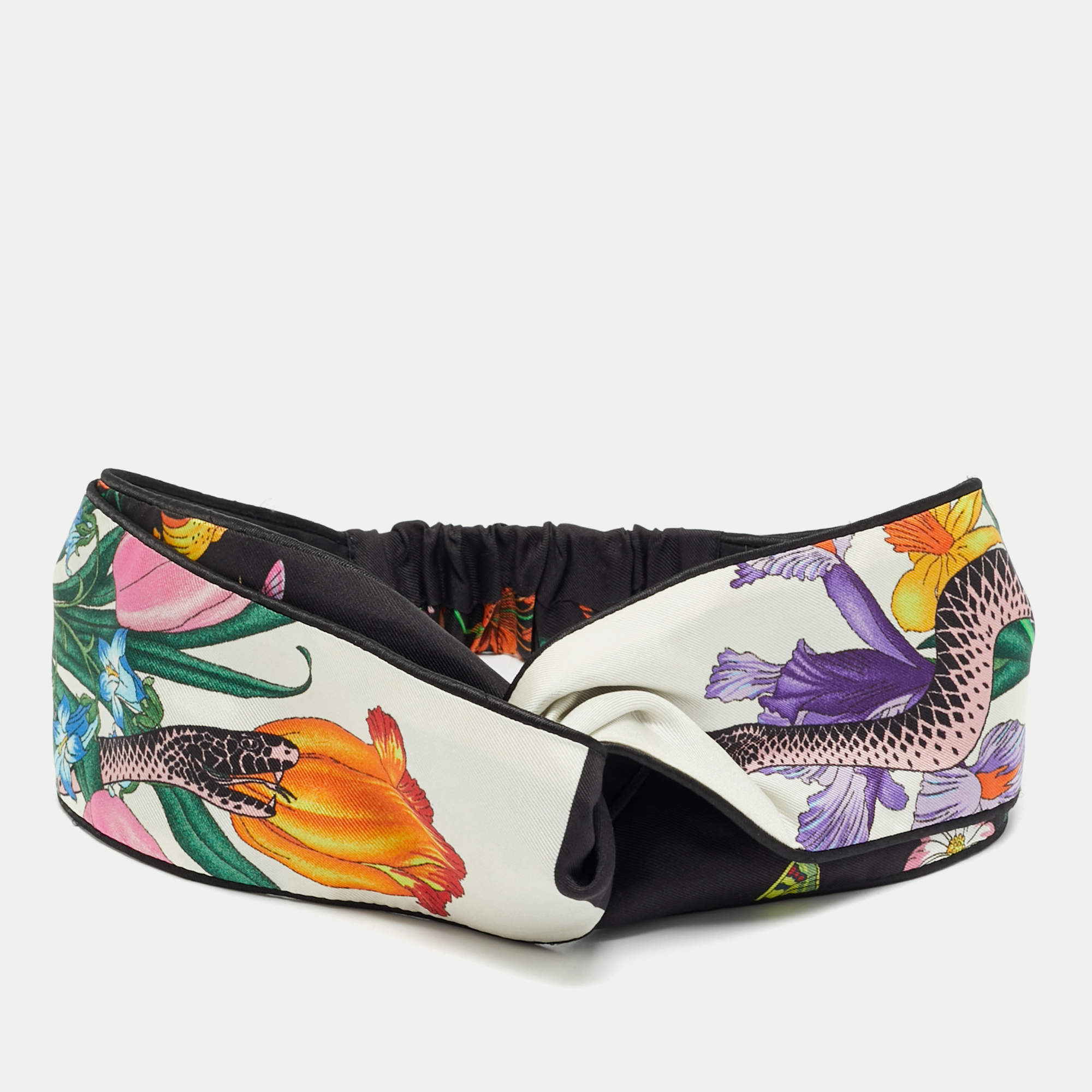 Pre Owned Gucci White Floral-Snake Print Silk Headband