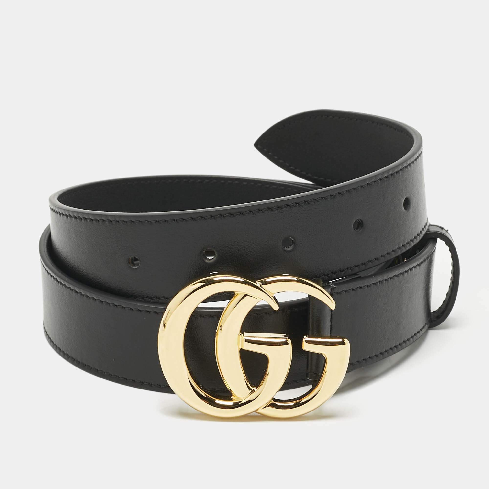 Pre Owned Gucci Black Leather GG Marmont Buckle Belt 85CM